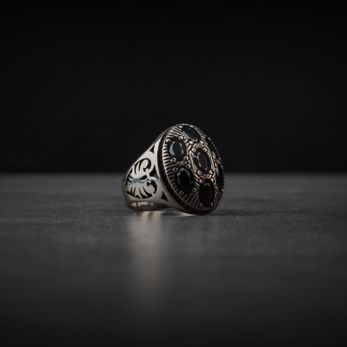 Men's Sterling Silver Ring with Black Zircon Stones