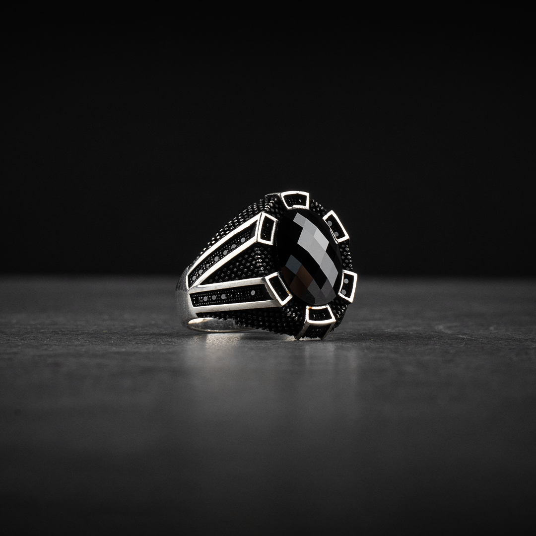 Men's Sterling Silver Ring with Black Zircon Stone