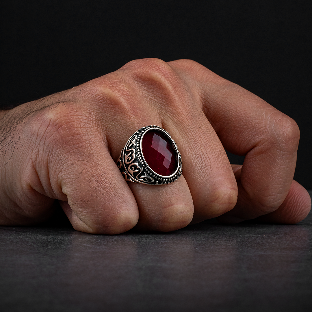 Sterling Silver Men's Ring with Red Zircon Stone