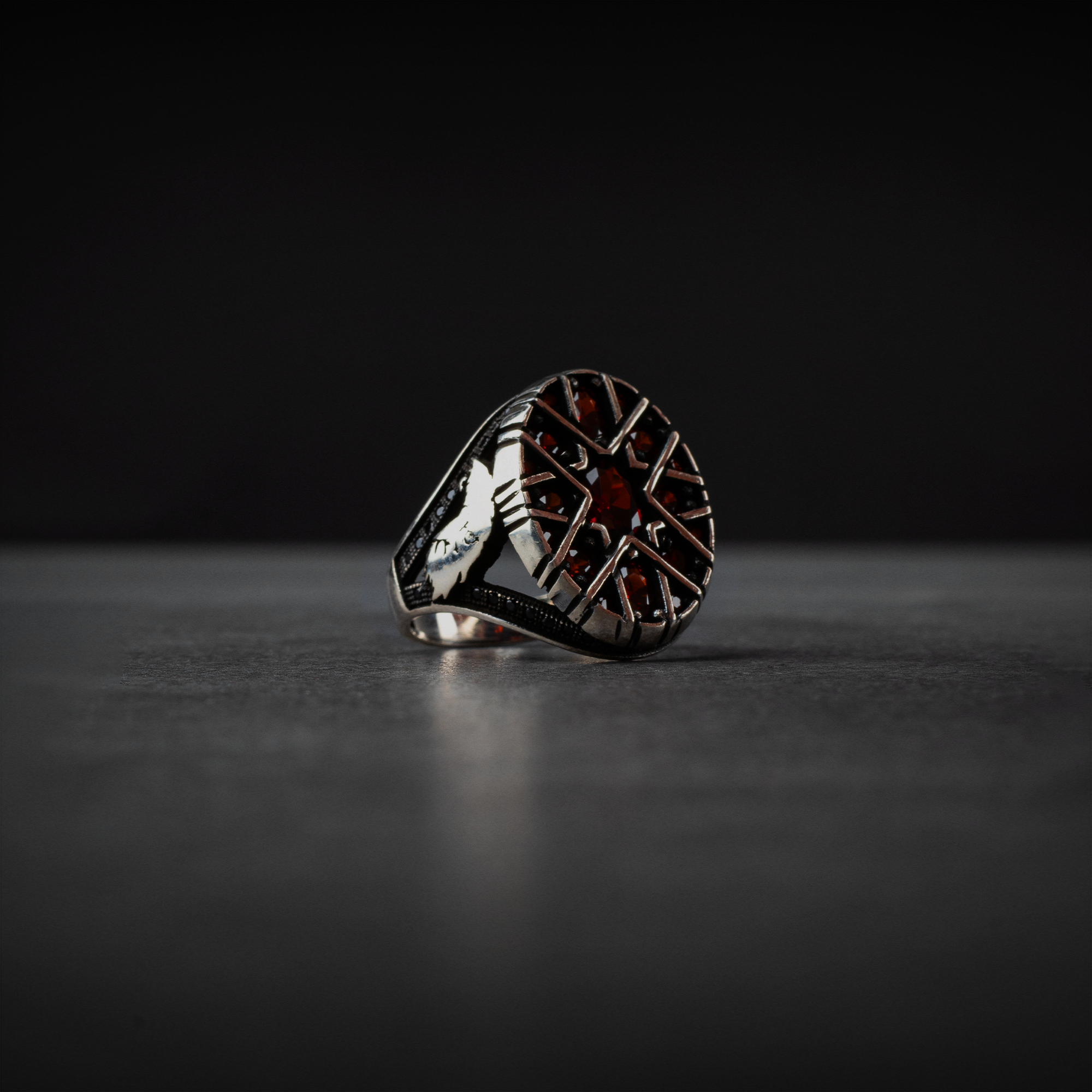 Sterling Silver Men's Ring with Red Zircon Stone