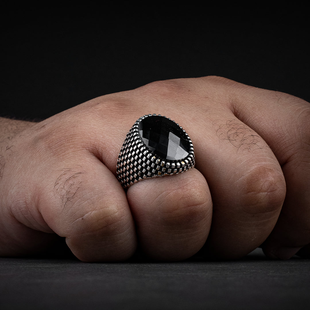 Men's Sterling Silver Ring with Black Zircon Stone