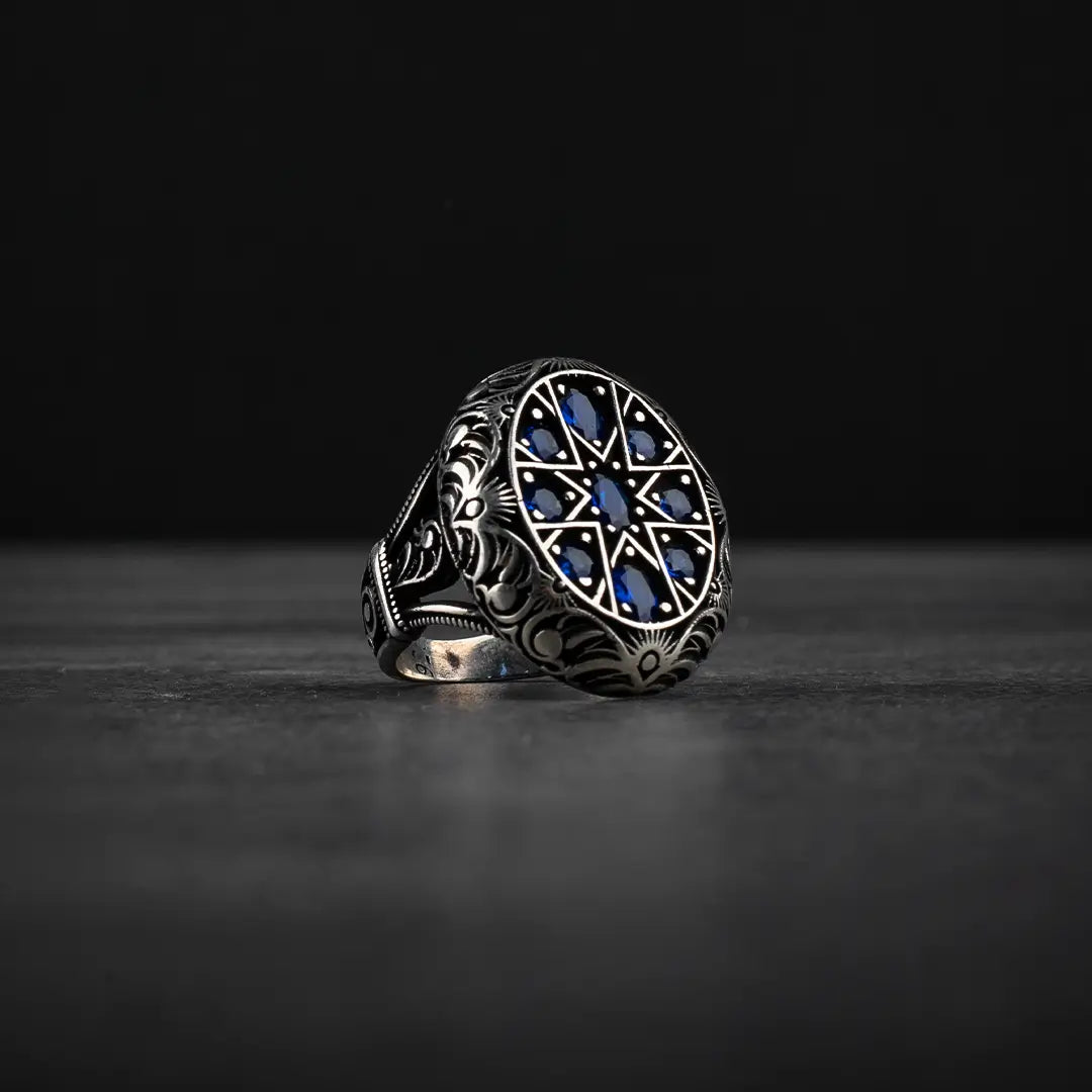 Sterling Silver Men's Ring with Blue Zircon Stone