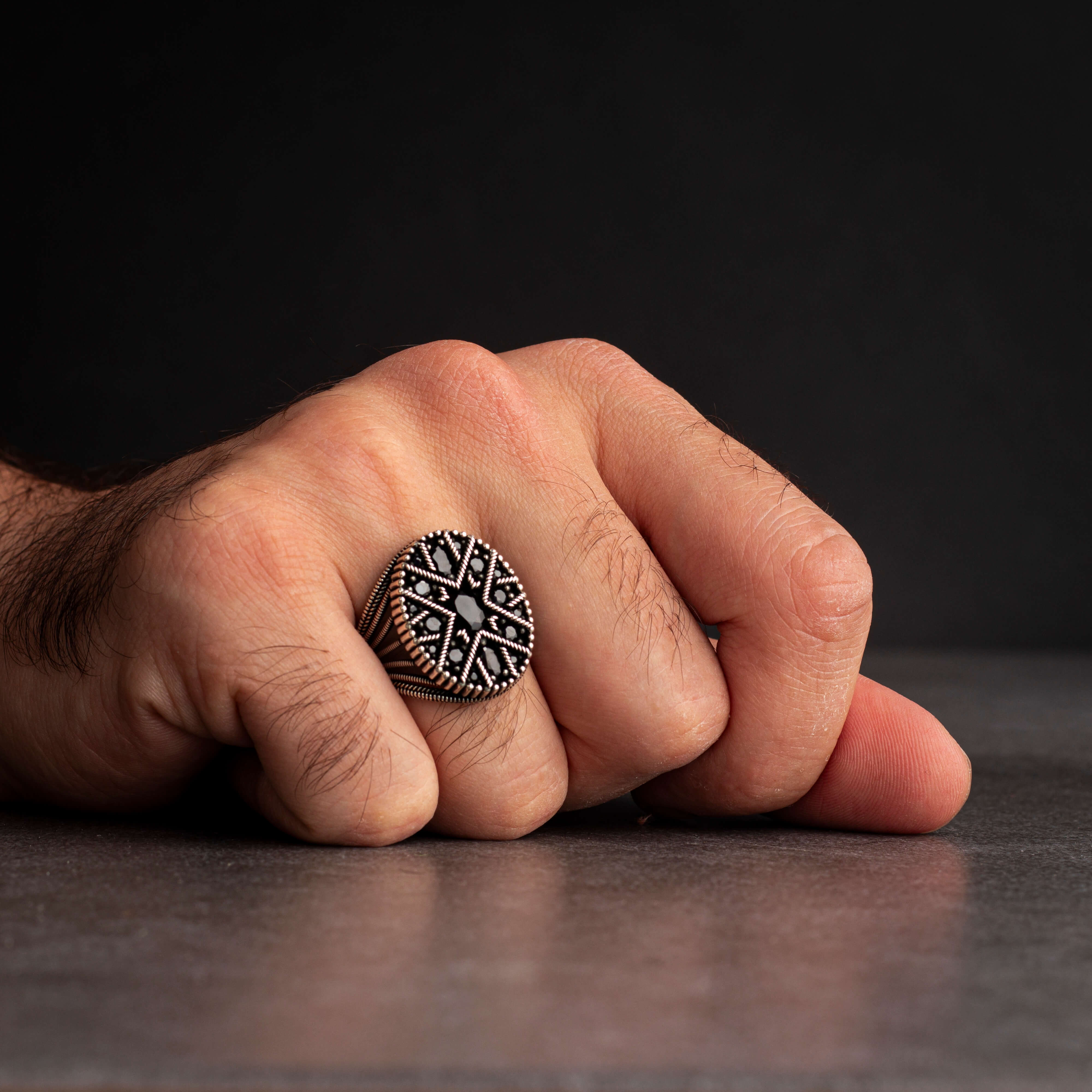 Men's Sterling Silver Ring with Black Zircon Stones