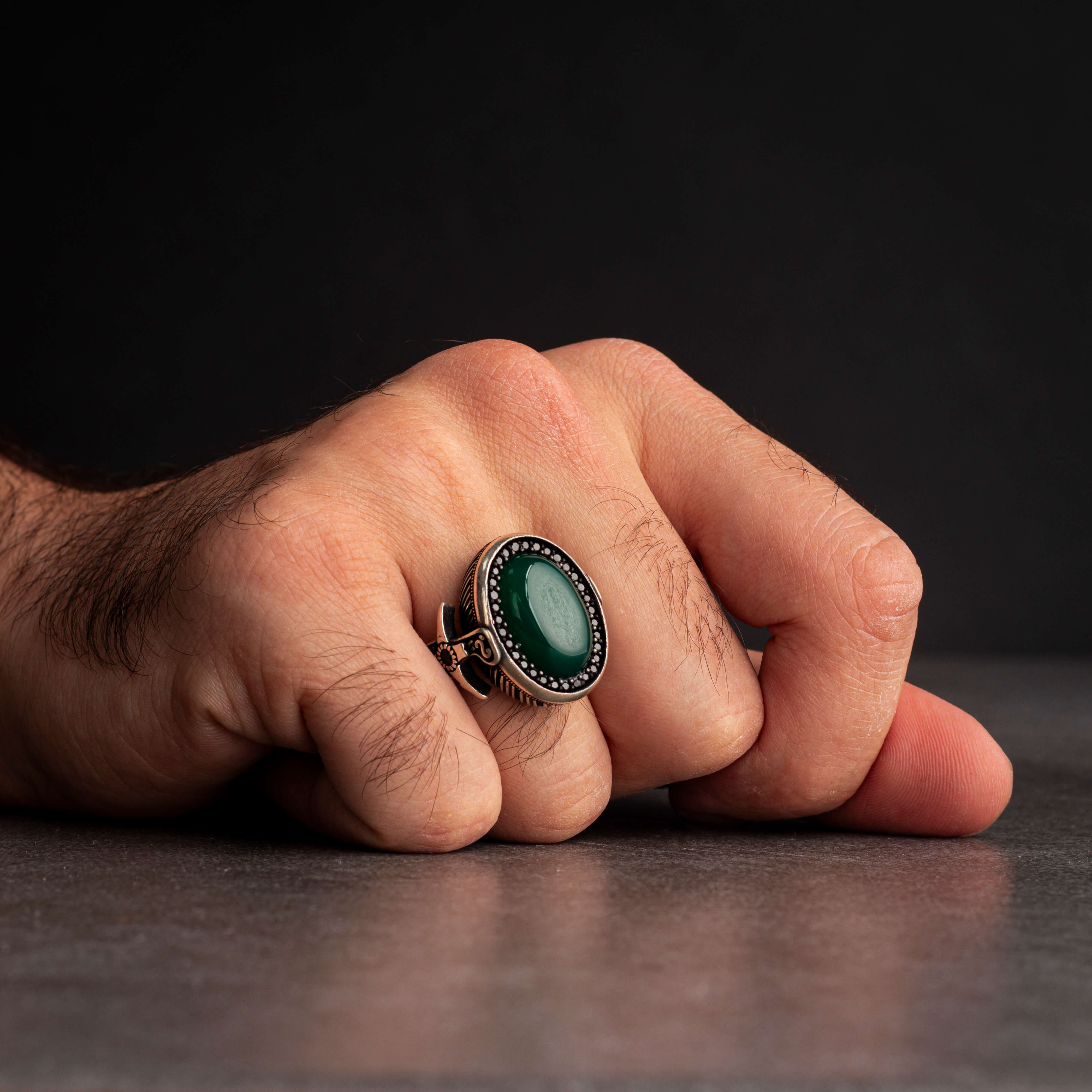 Sterling Silver Men's Ring with Green Agate Stone