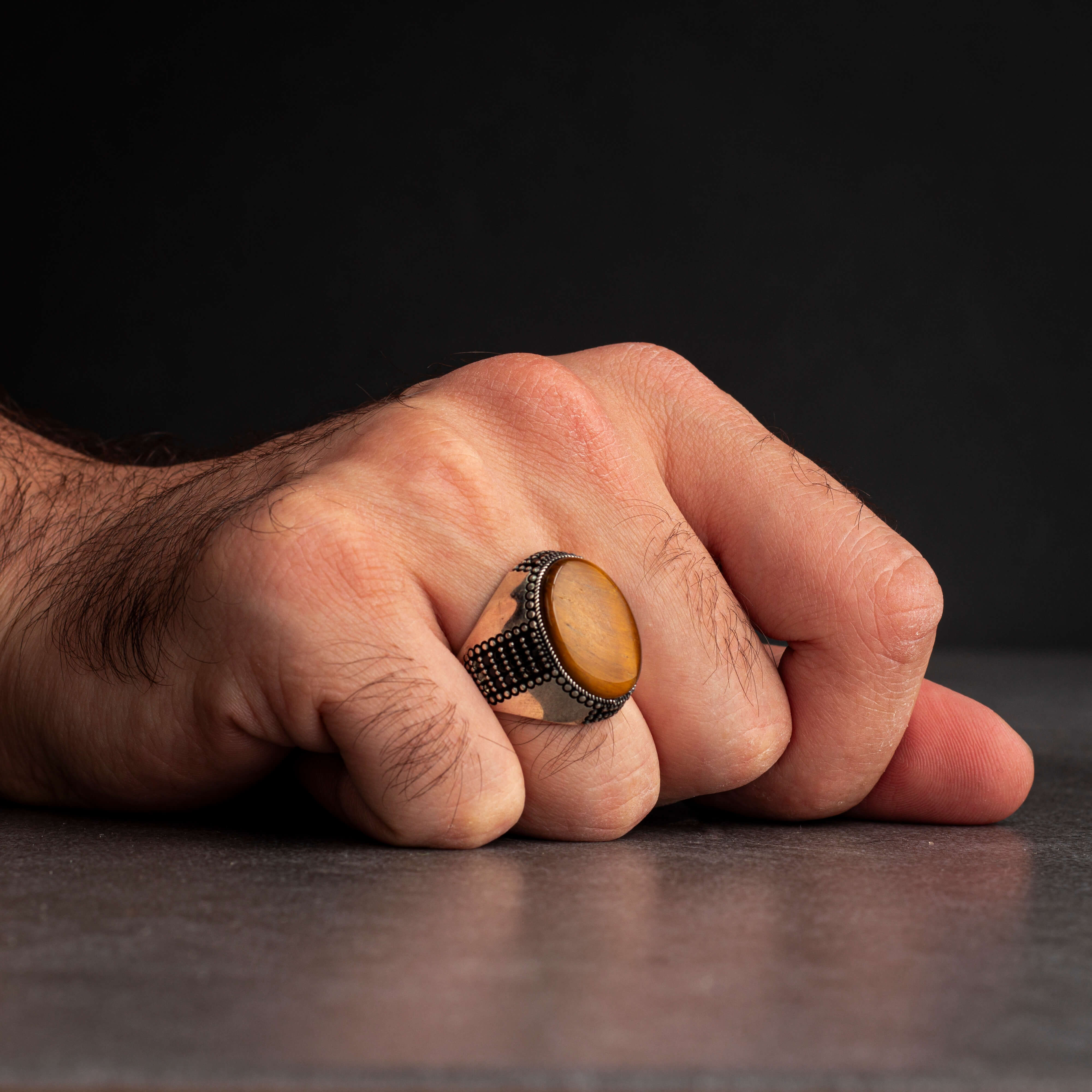 Men's Silver Ring with Tiger Eye Stone in Classic Ornate Design
