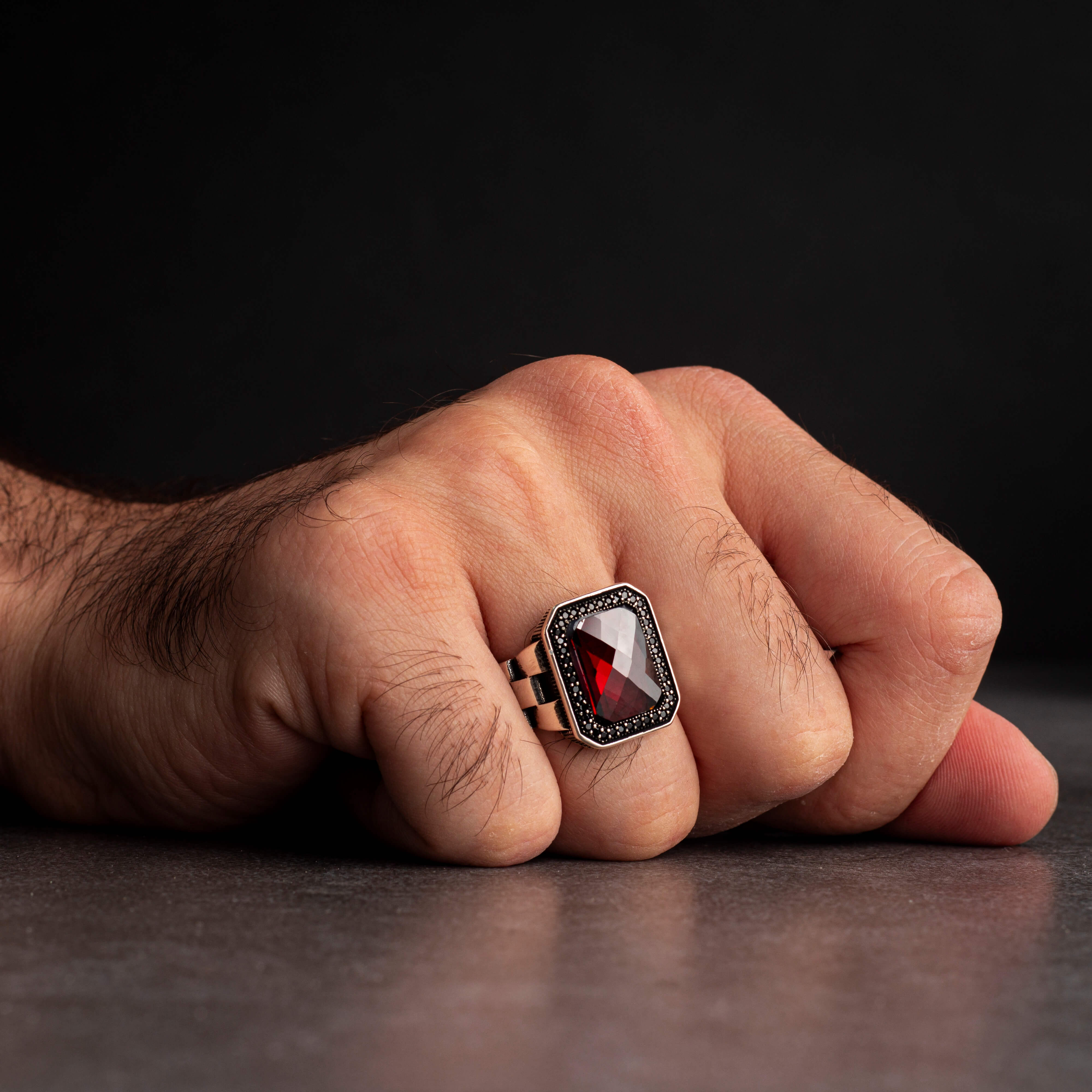 Sterling Silver Men's Ring with Red Zircon Stone