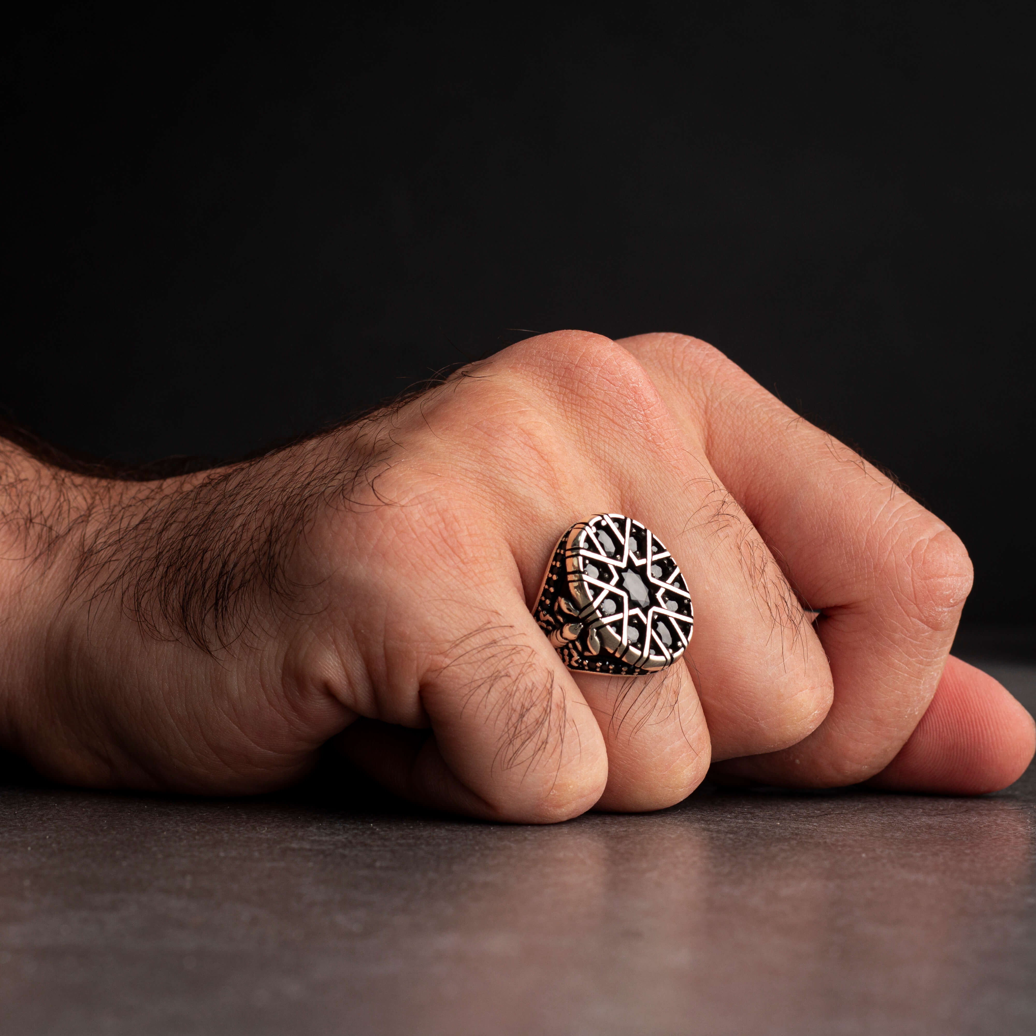 Men's Sterling Silver Ring with Black Zircon Stones