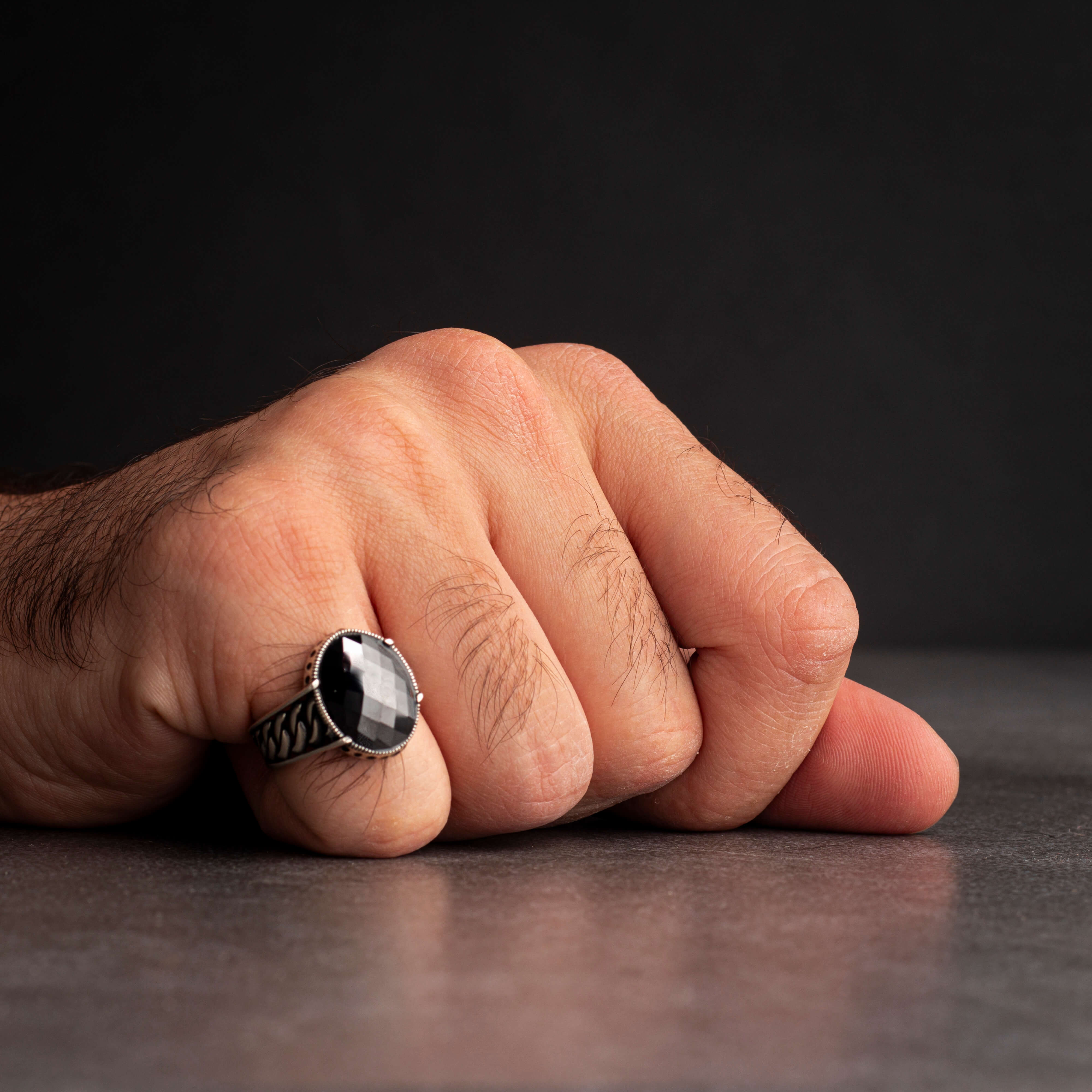 Men's Sterling Silver Ring with Black Zircon Stone
