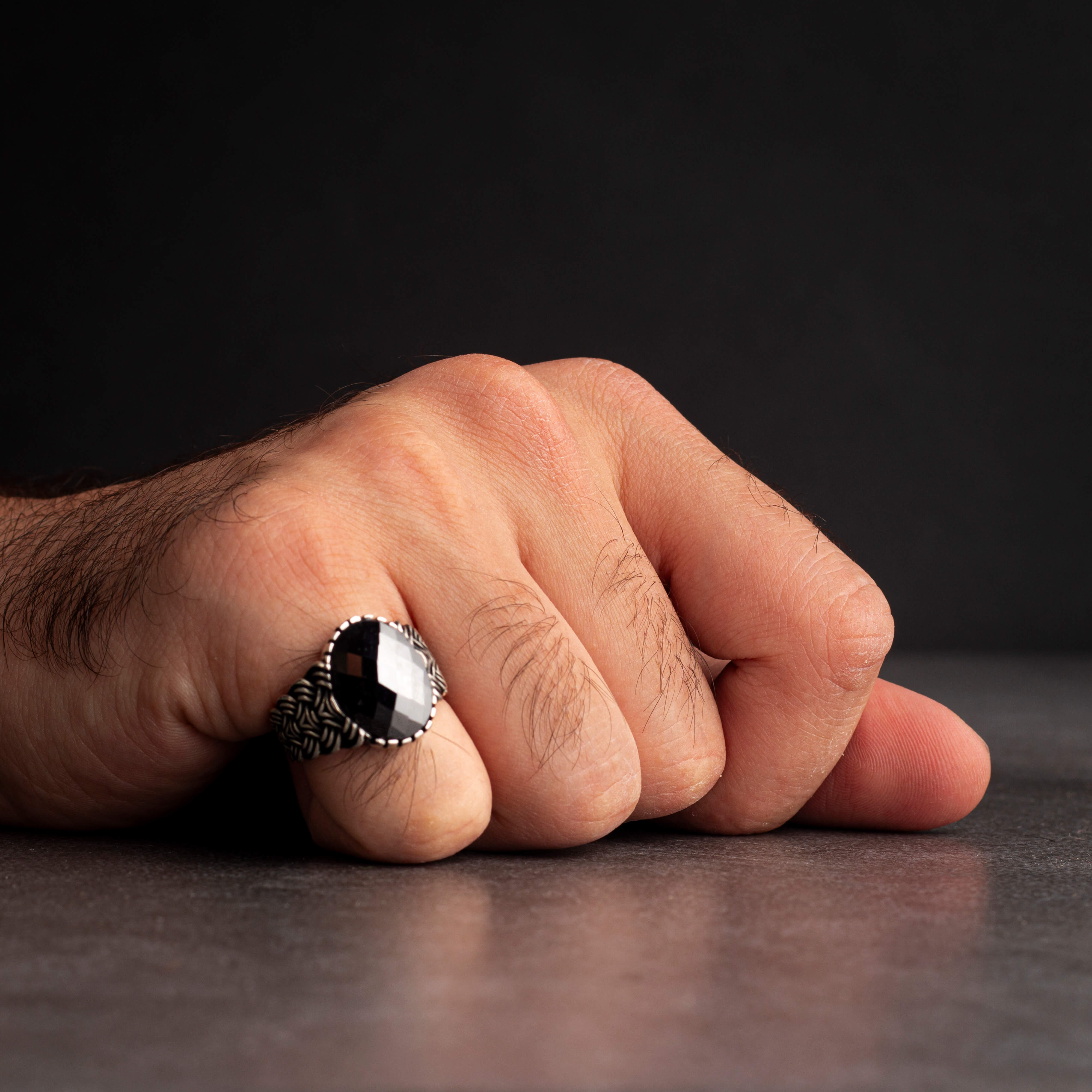 Men's Sterling Silver Ring with Black Zircon Stone