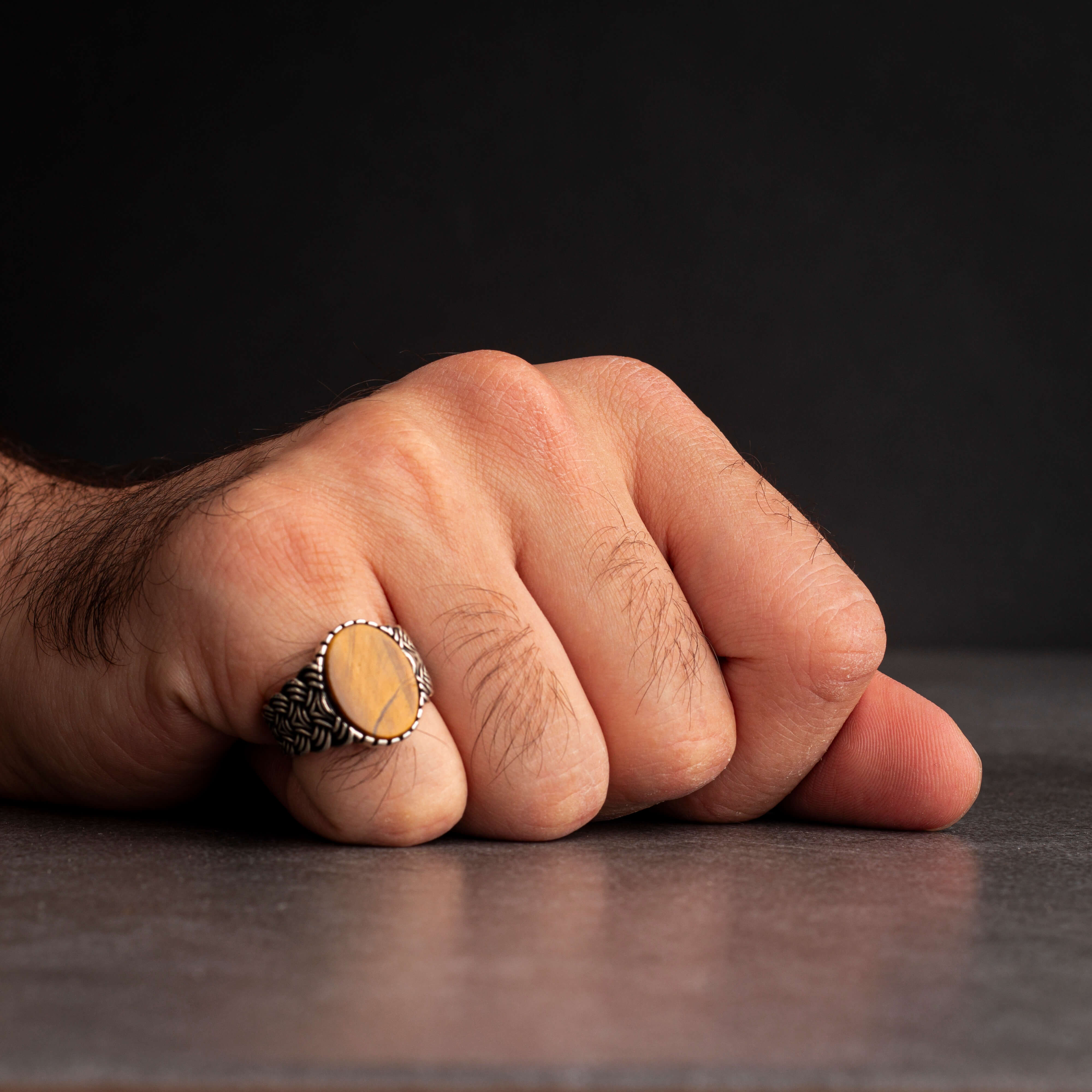 Men's Silver Ring with Tiger Eye Stone with Unique Interlocking Design