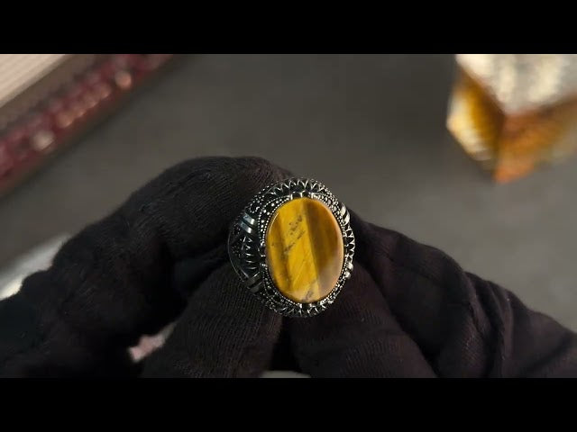 Men's Silver Ring with Tiger's Eye - Bold Geometric Details
