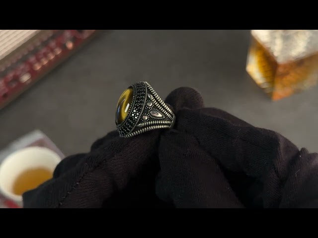 Men's Silver Ring with Tiger's Eye Raised - Elegant Luxury Design