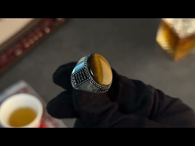 Men's Silver Ring with Tiger's Eye - Classic Ornate Design