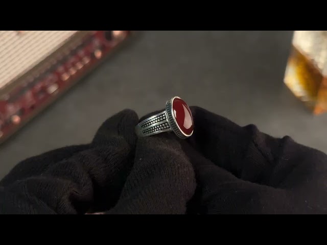 Men's Silver Ring with Red Agate - Circular Engravings