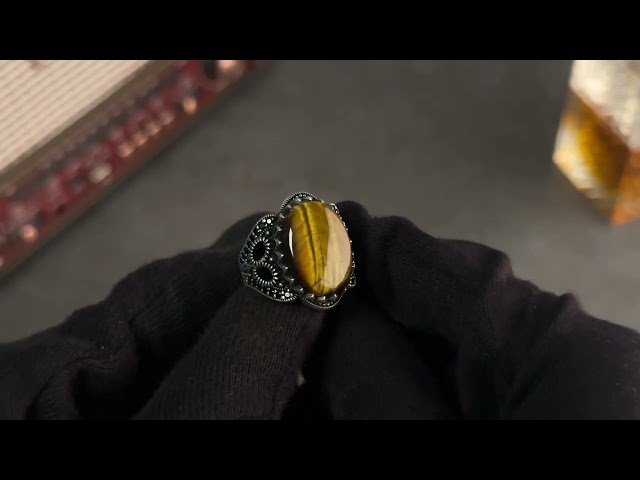 Men's Silver Ring with Tiger's Eye - Ornate Design