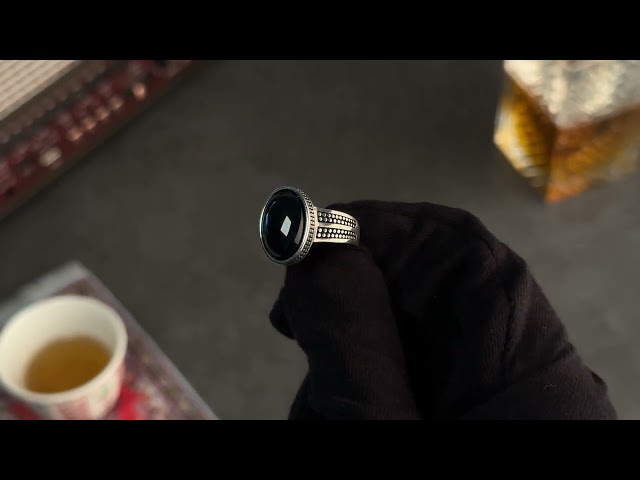 Men's Silver Ring with Black Onyx - Circular Engravings