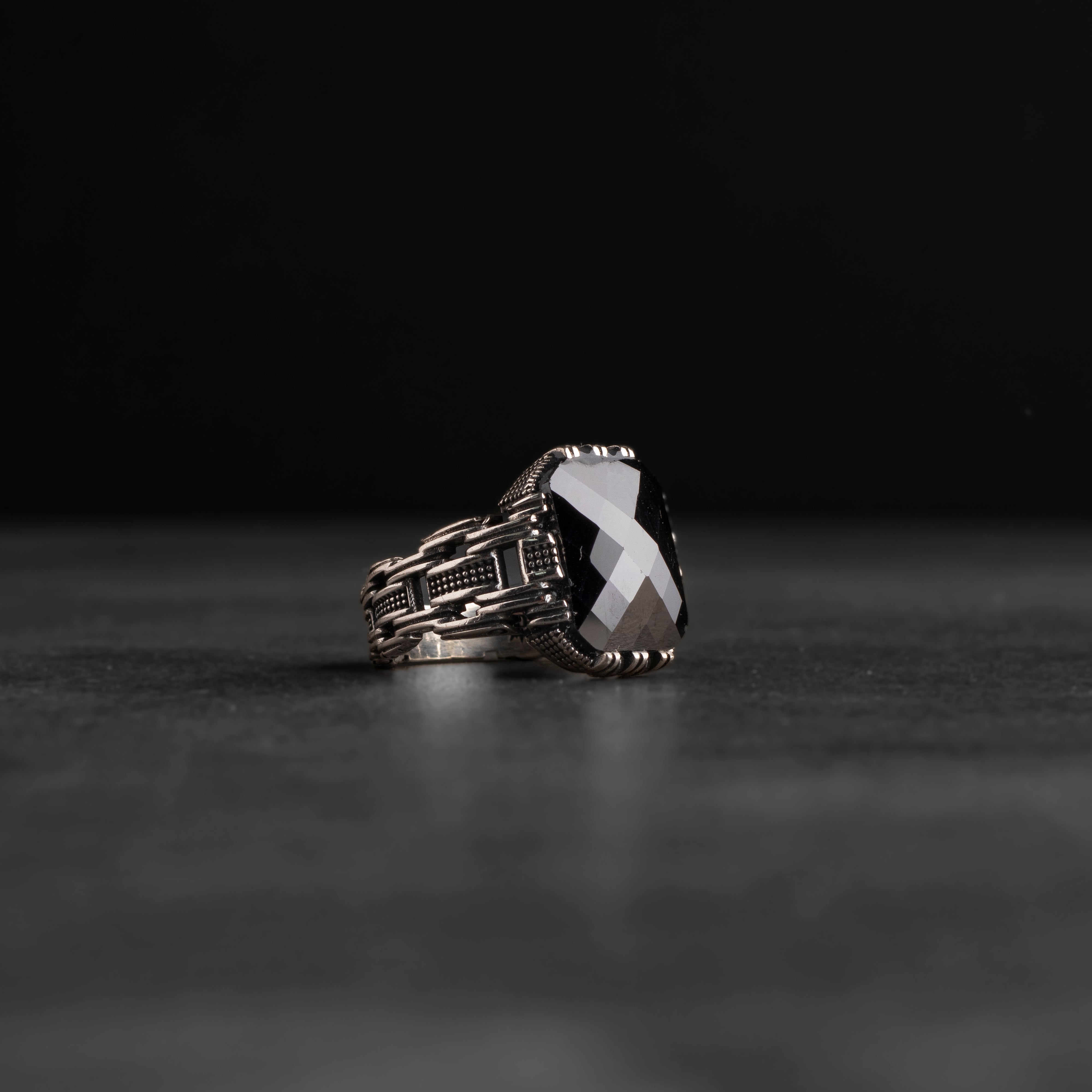 Men's Sterling Silver Ring with Black Zircon Stone