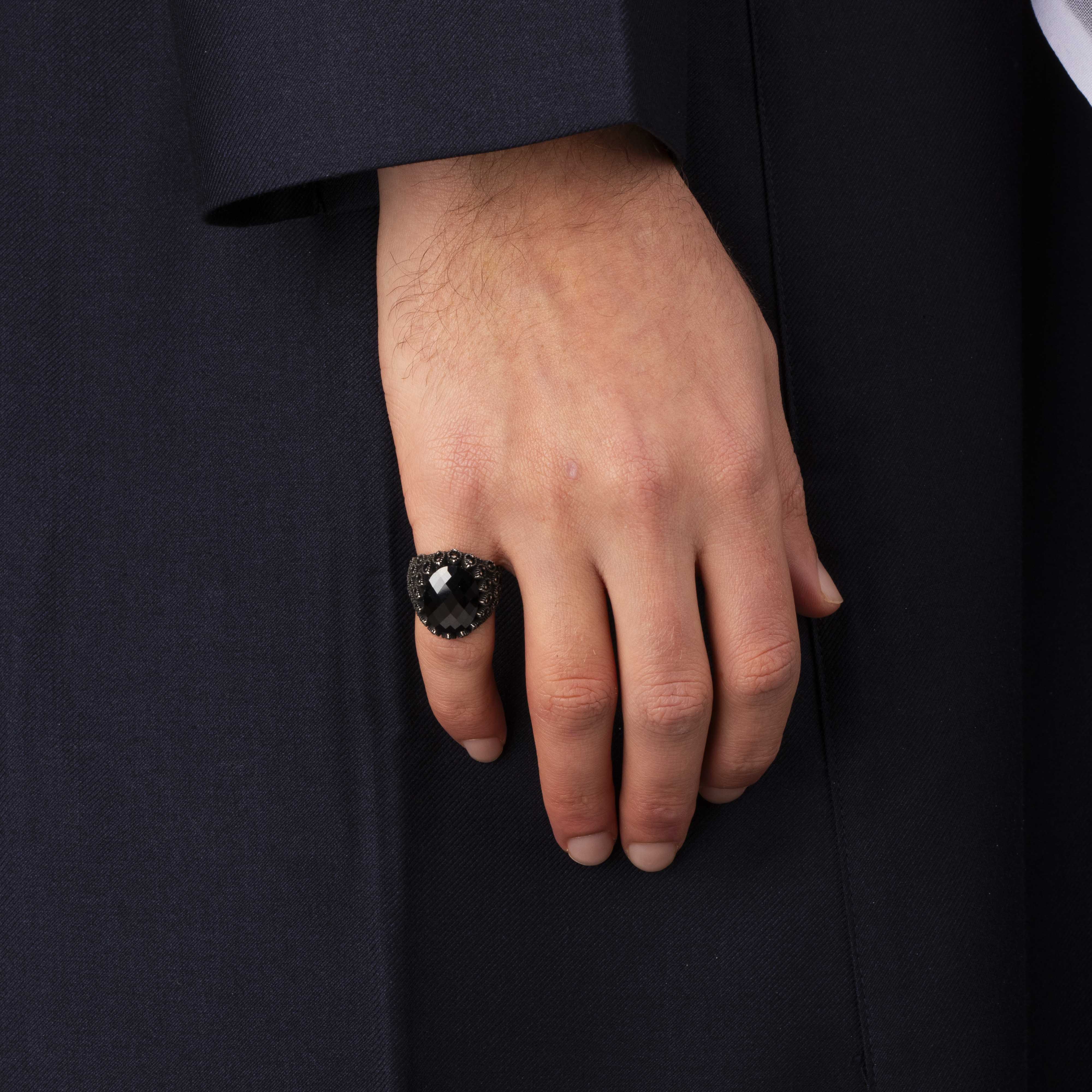 Men's Sterling Silver Ring with Black Zircon Stone