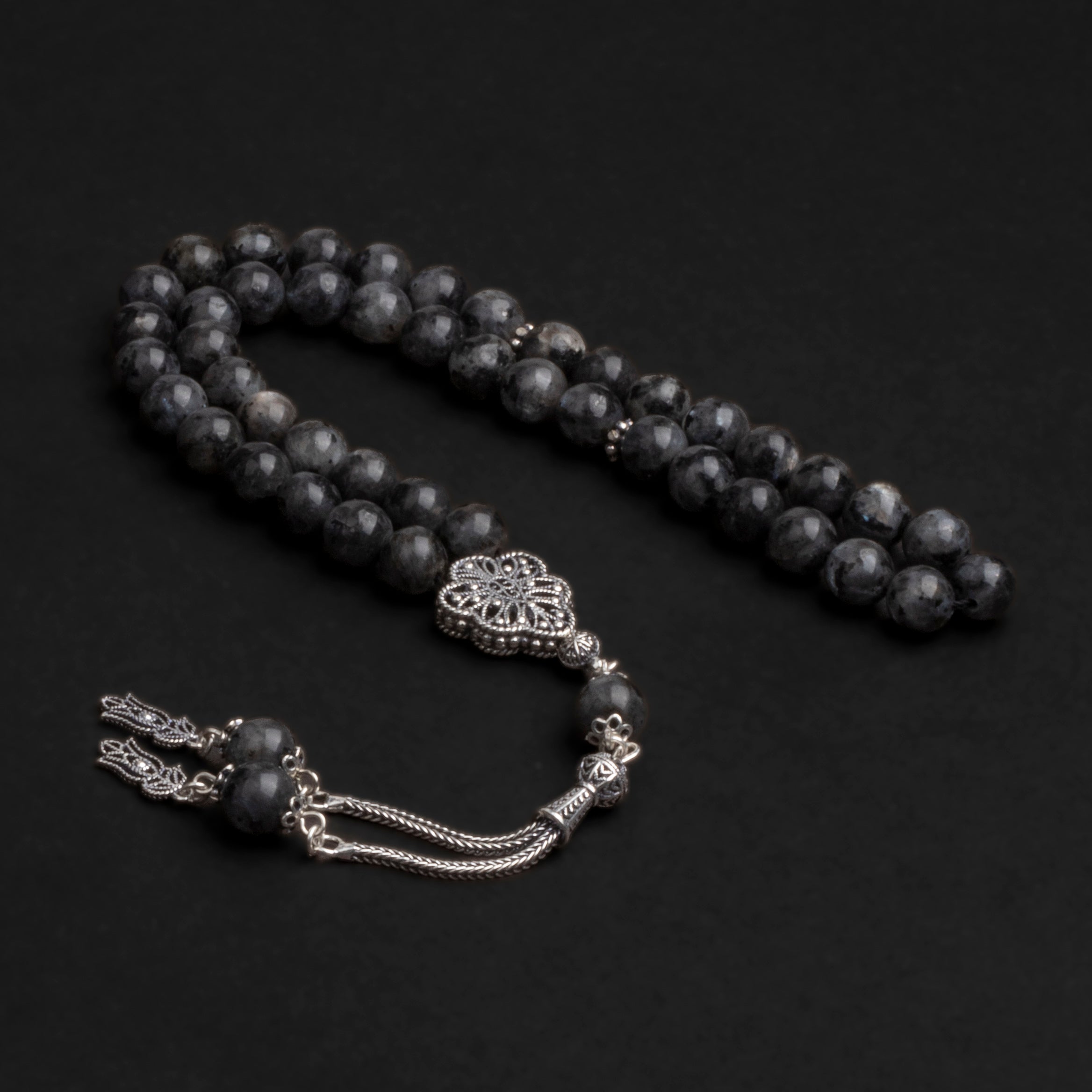 Lavrakite Stone Prayer Beads with Silver Tassel (8mm)