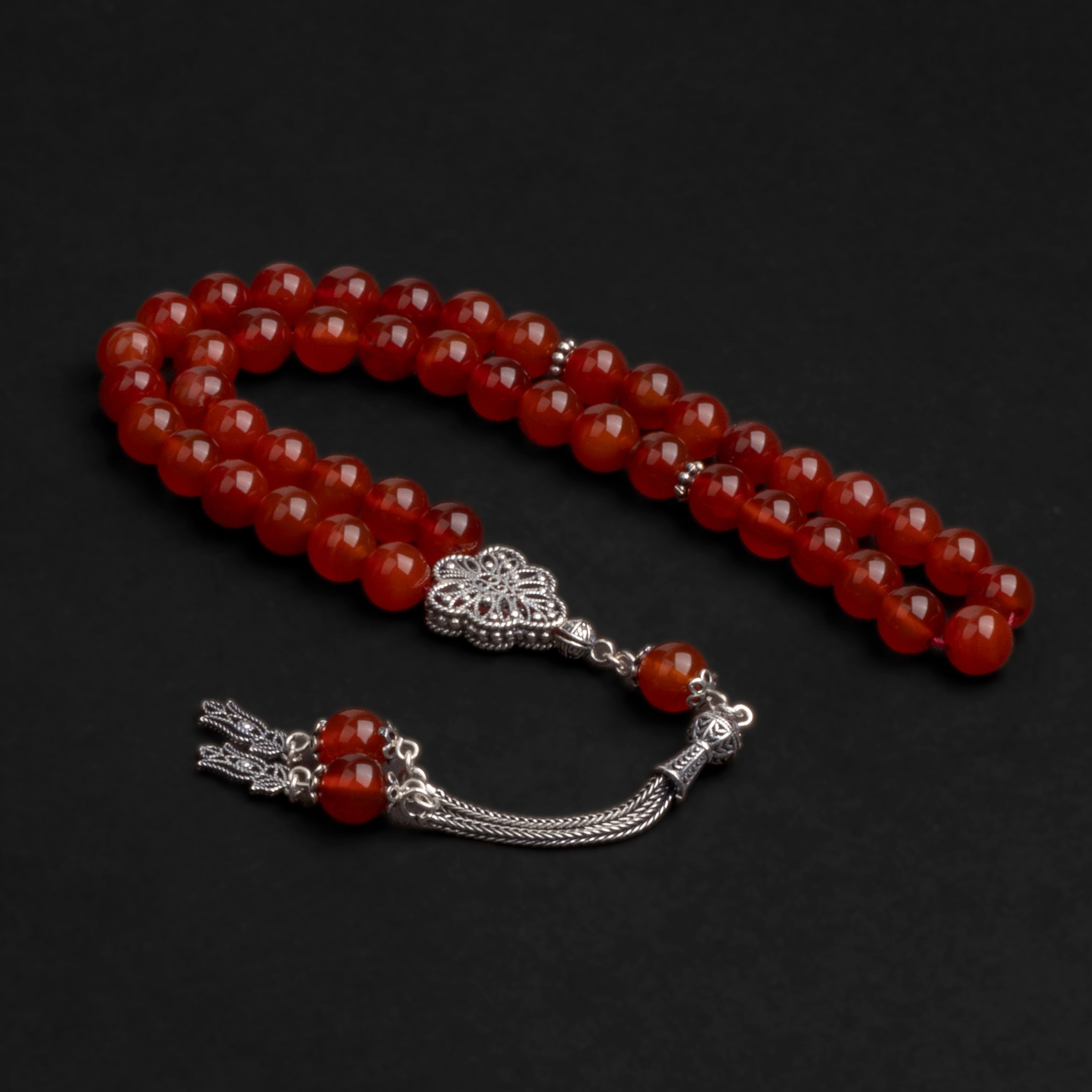 Red Agate Stone Prayer Beads with Silver Tassel (8mm)