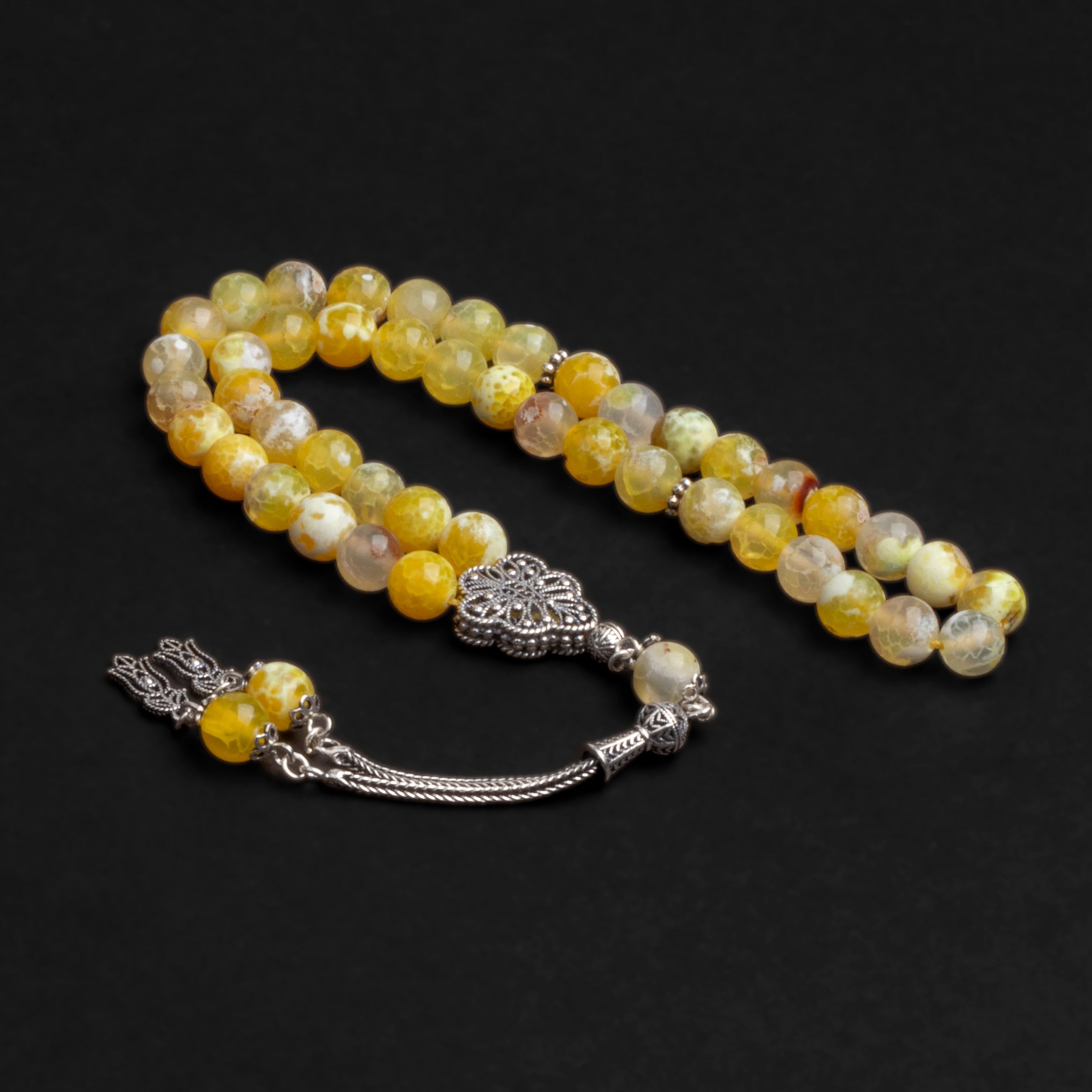 Yellow Agate Stone Prayer Beads with Silver Tassel (8mm)