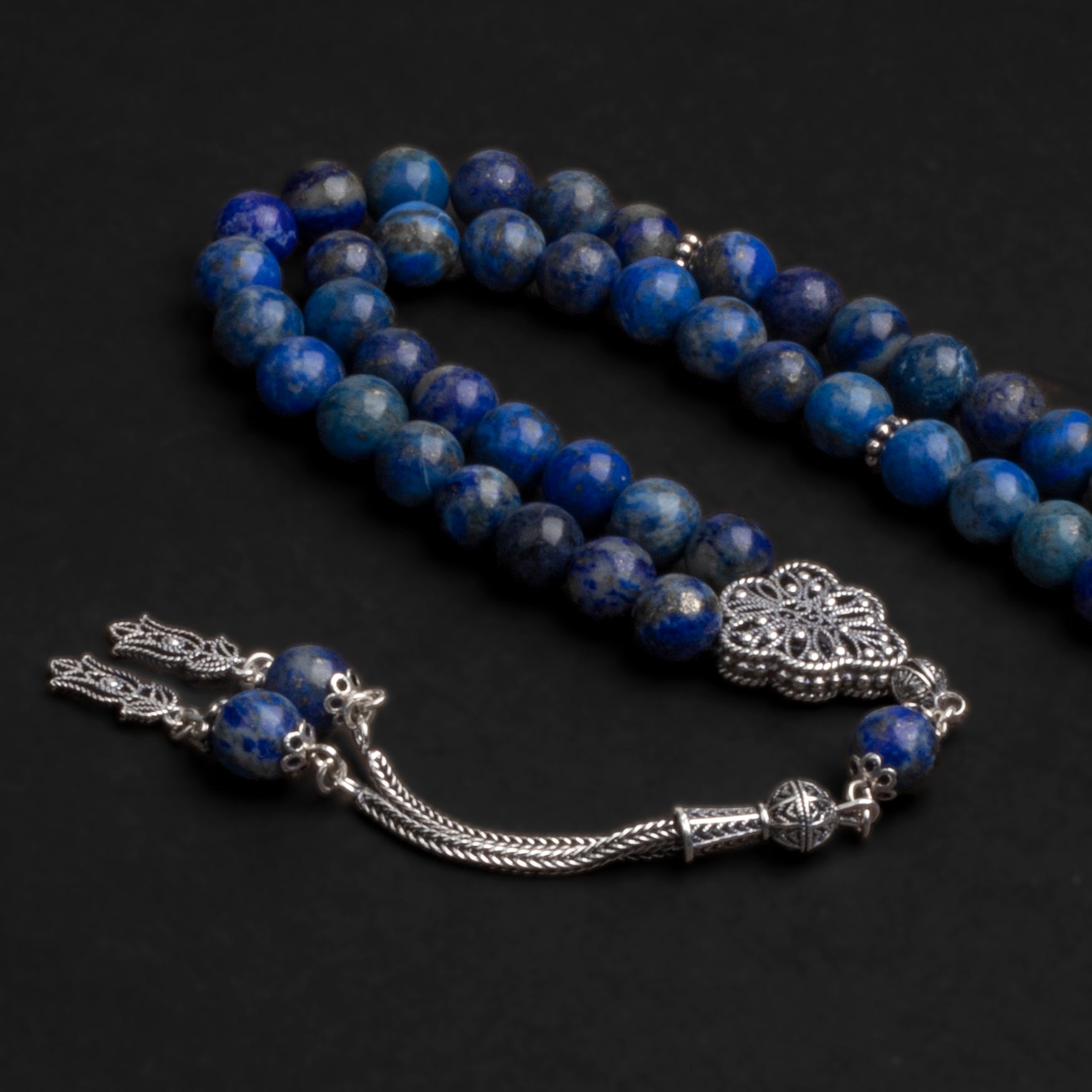 Lapis Lazuli Prayer Beads with Silver Tassel (8mm)