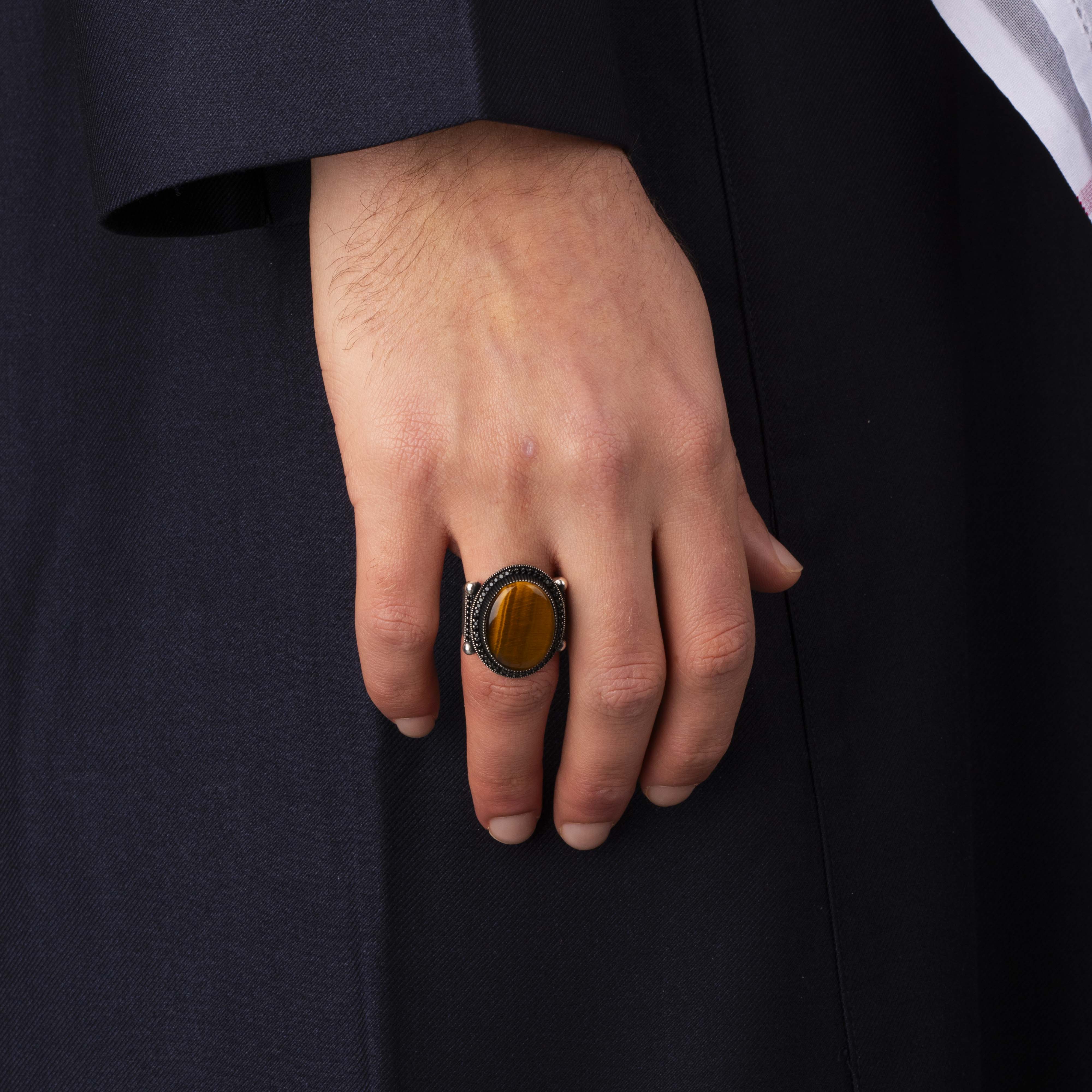 Men's Silver Ring with Tiger Eye Stone in a Luxurious Royal Frame