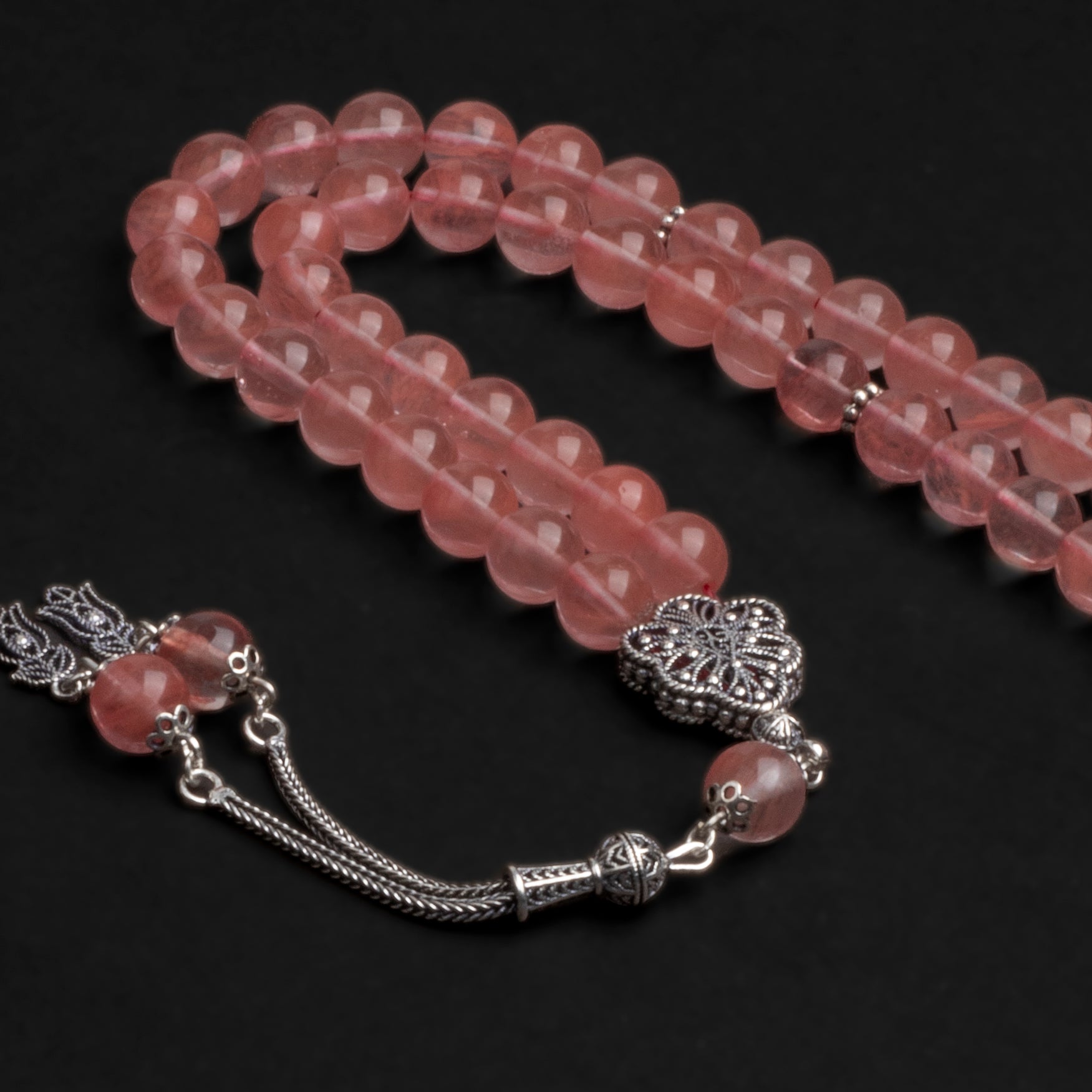 Pink Coral Quartz Prayer Beads with Silver Tassel (8mm)