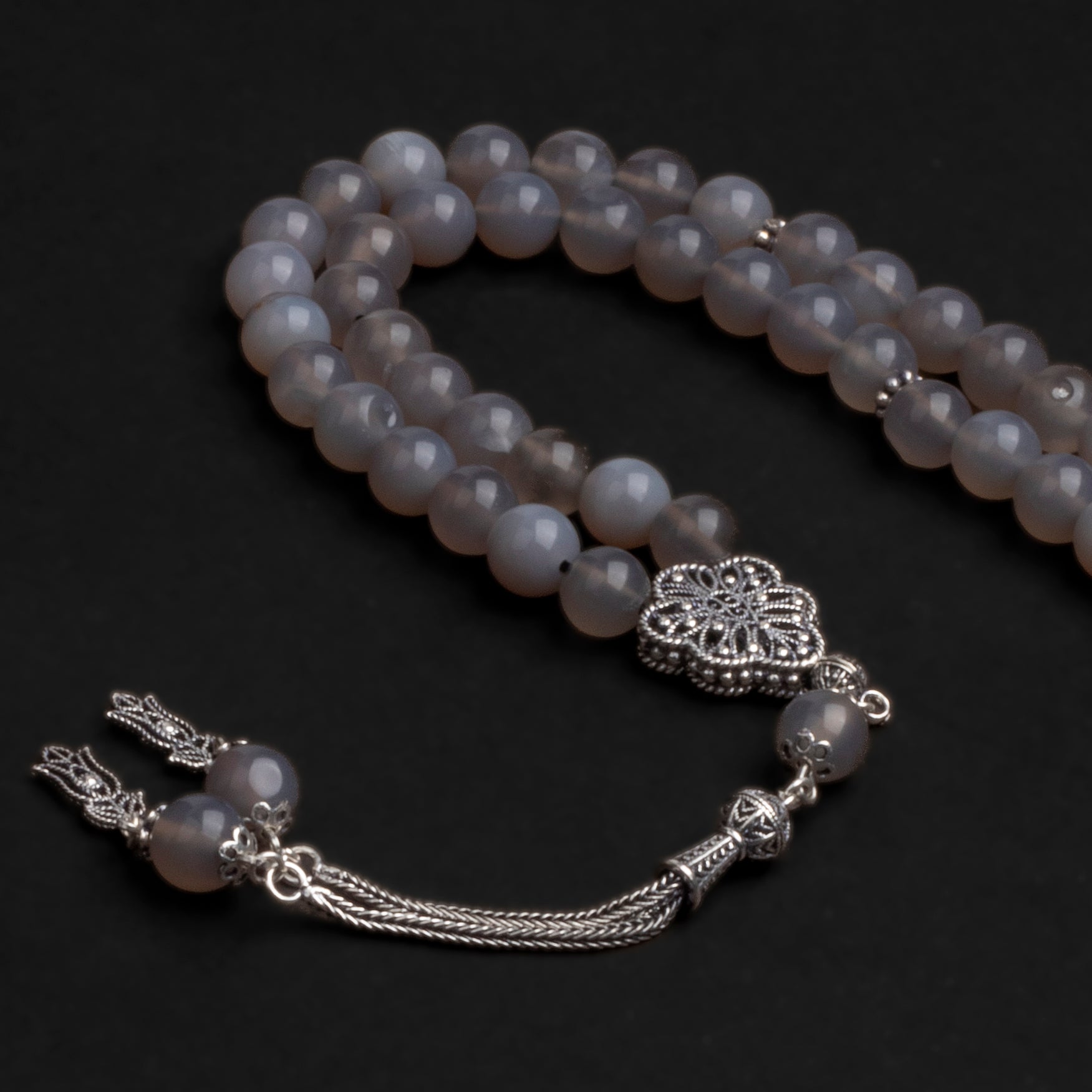 Gray Agate Prayer Beads with Silver Tassel (8mm)