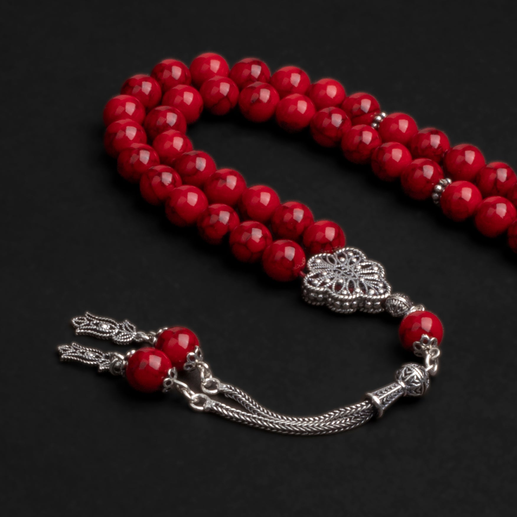 Red Quartz Prayer Beads with Silver Tassel (8mm)