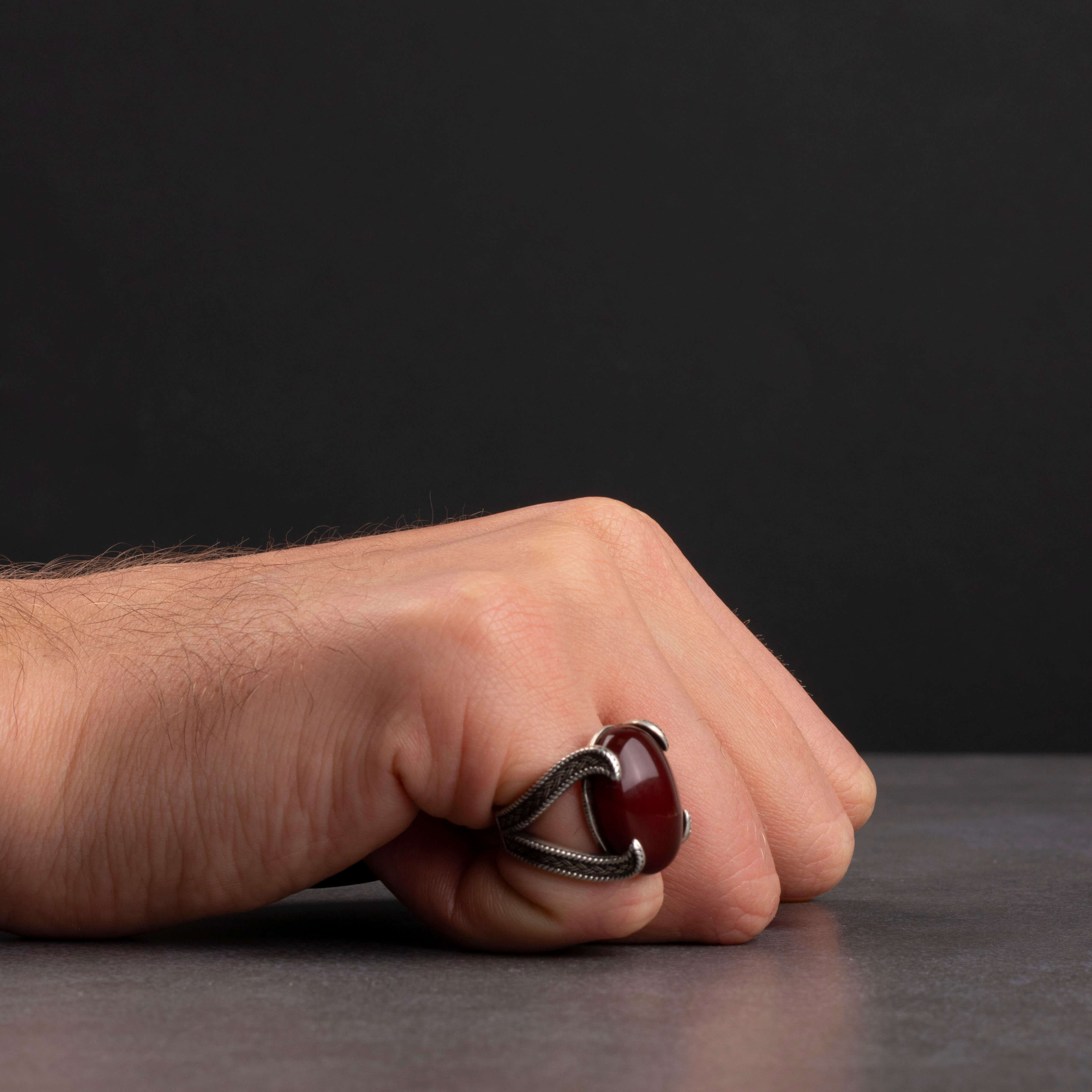 Sterling Silver Men's Ring with Red Agate Stone
