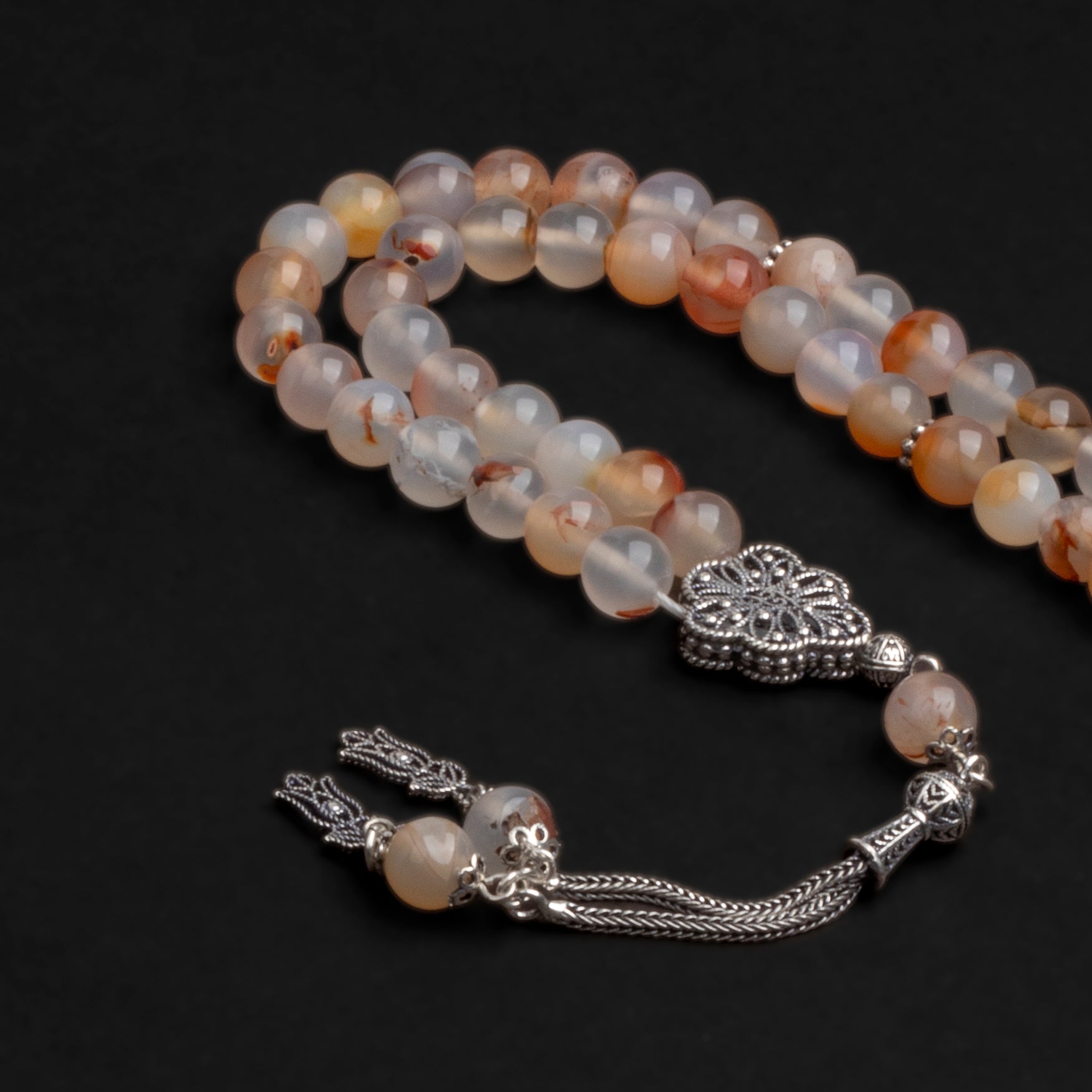 Yemeni Agate Prayer Beads with Silver Tassel (8mm)