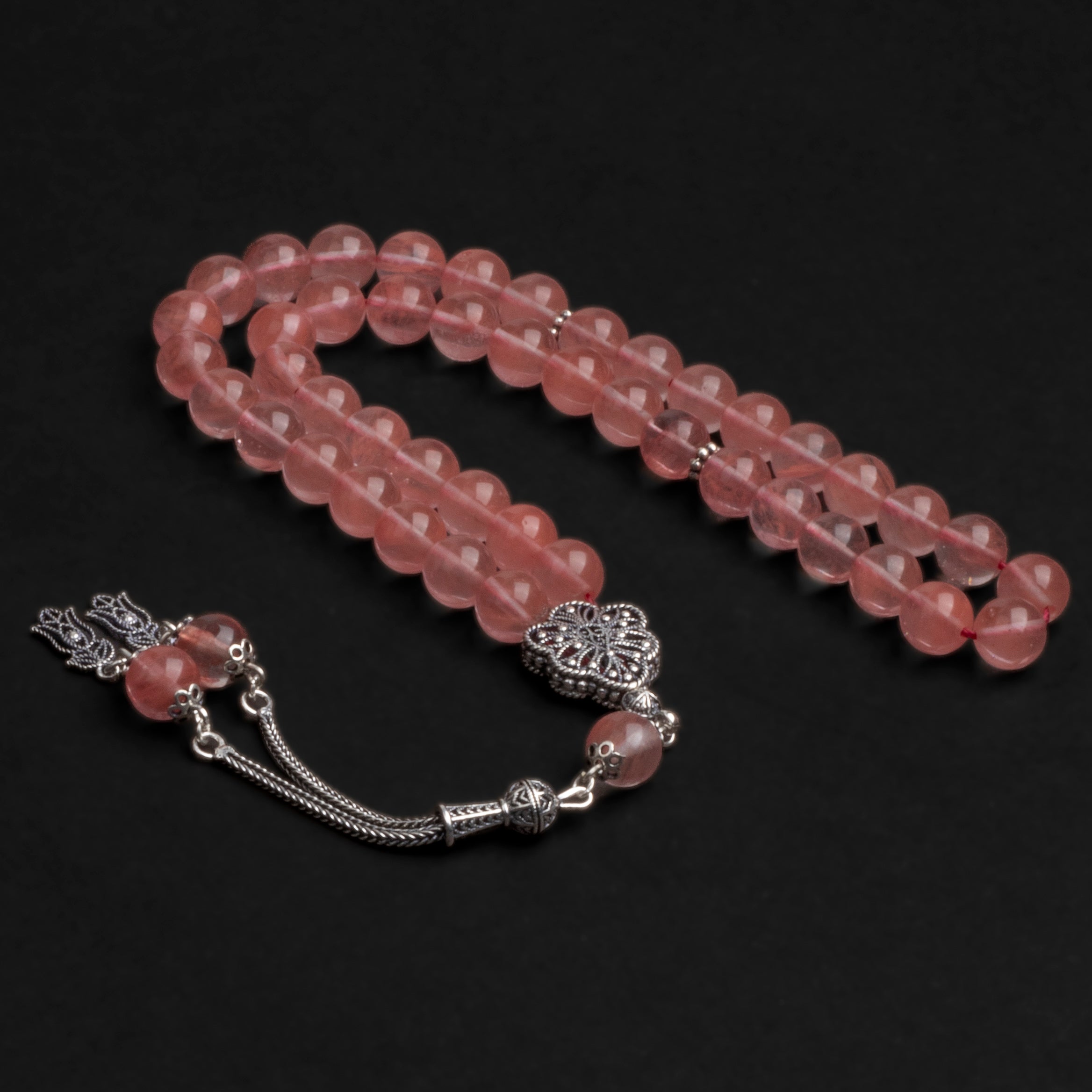 Pink Coral Quartz Prayer Beads with Silver Tassel (8mm)