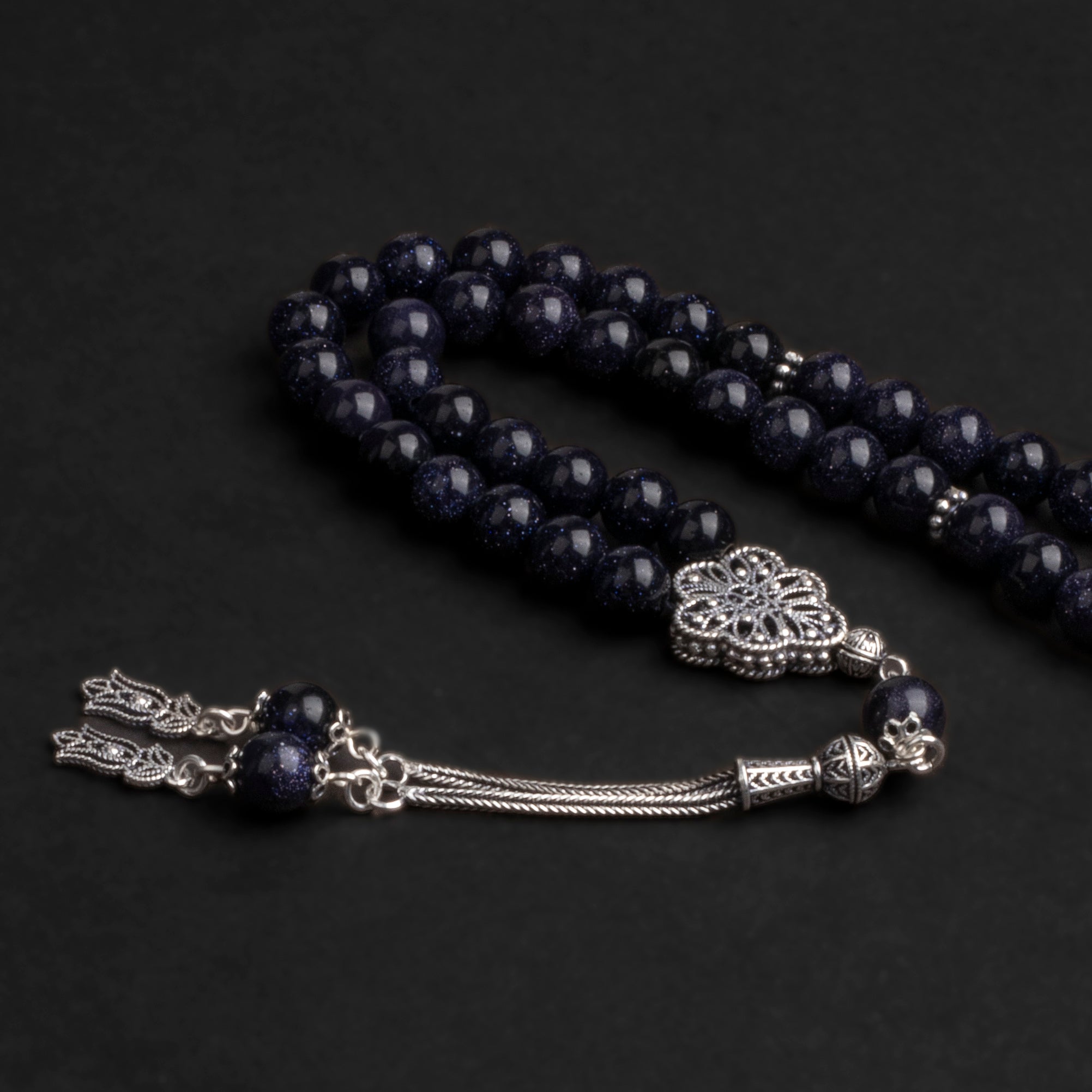 Starry Blue Prayer Beads with Silver Tassel (8mm)