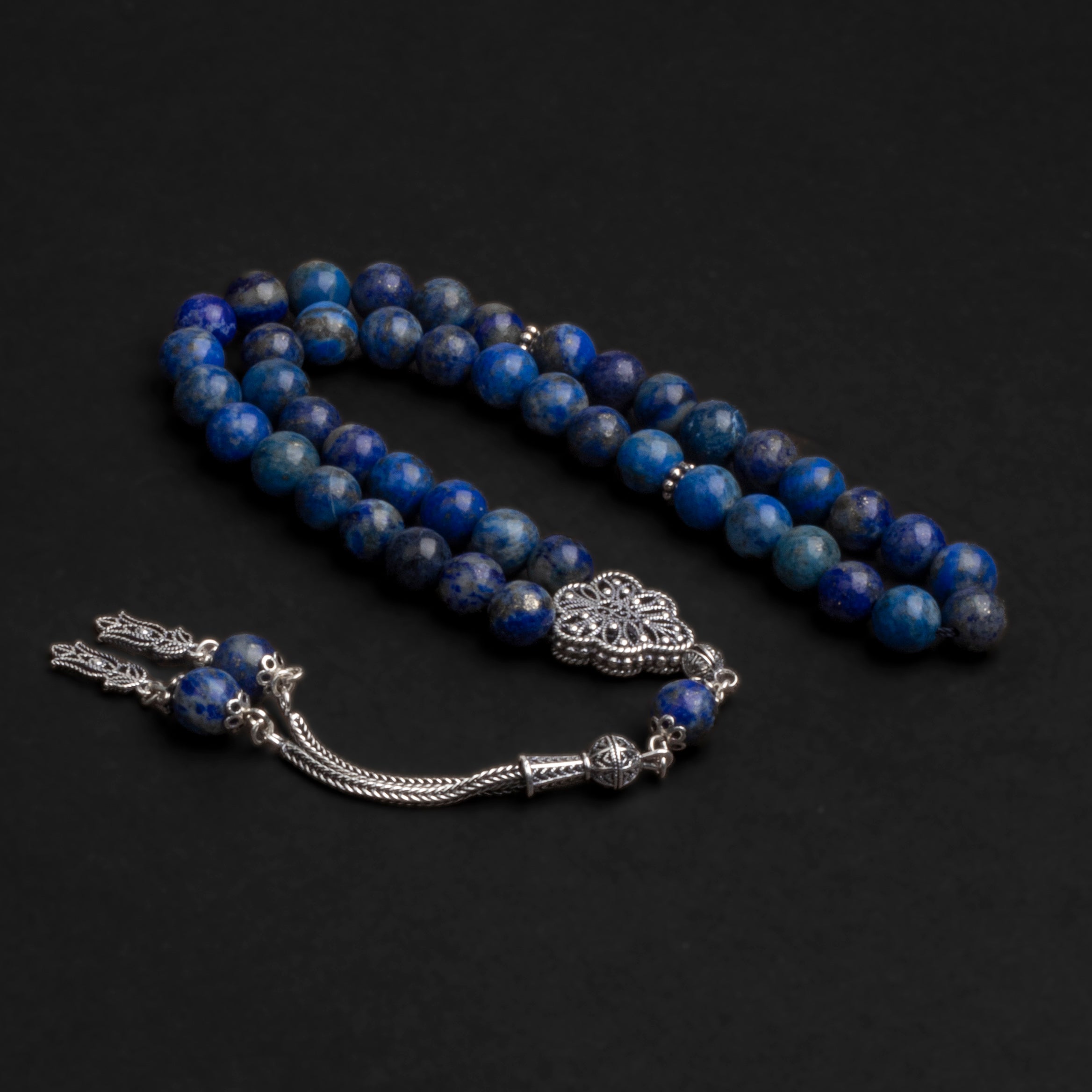 Lapis Lazuli Prayer Beads with Silver Tassel (8mm)