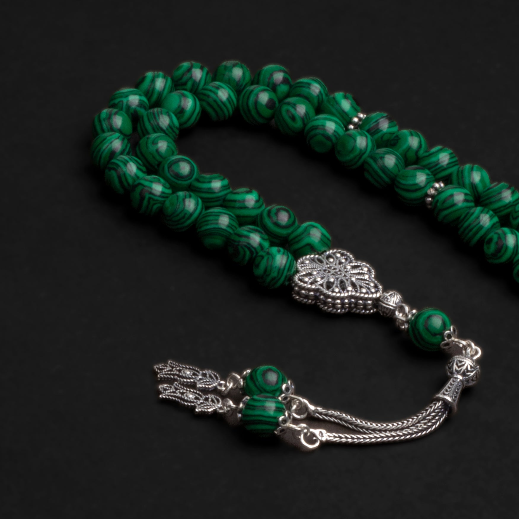 Malachite Green Prayer Beads with Silver Tassel (8mm)