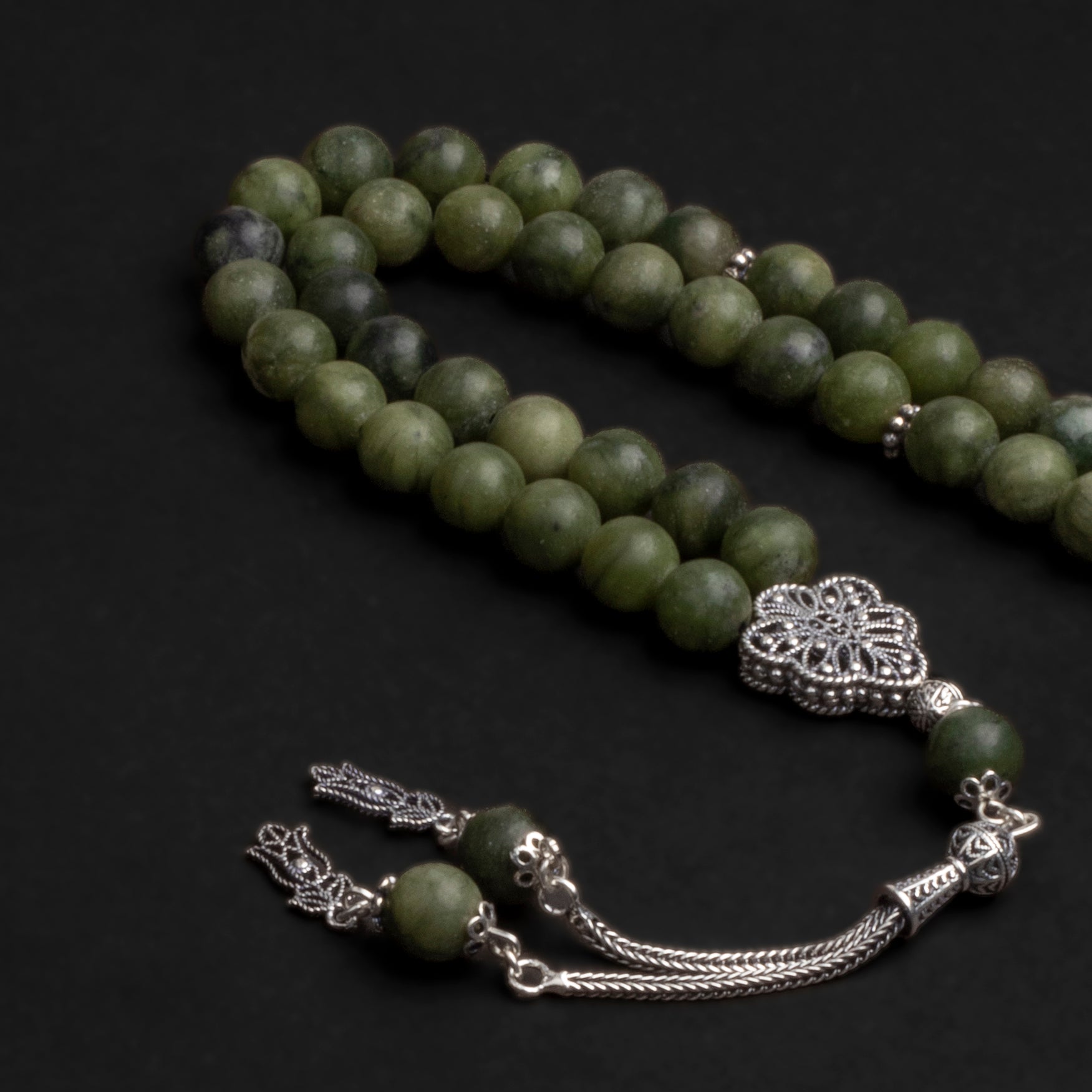 Green Jade Prayer Beads with Silver Tassel (8mm)