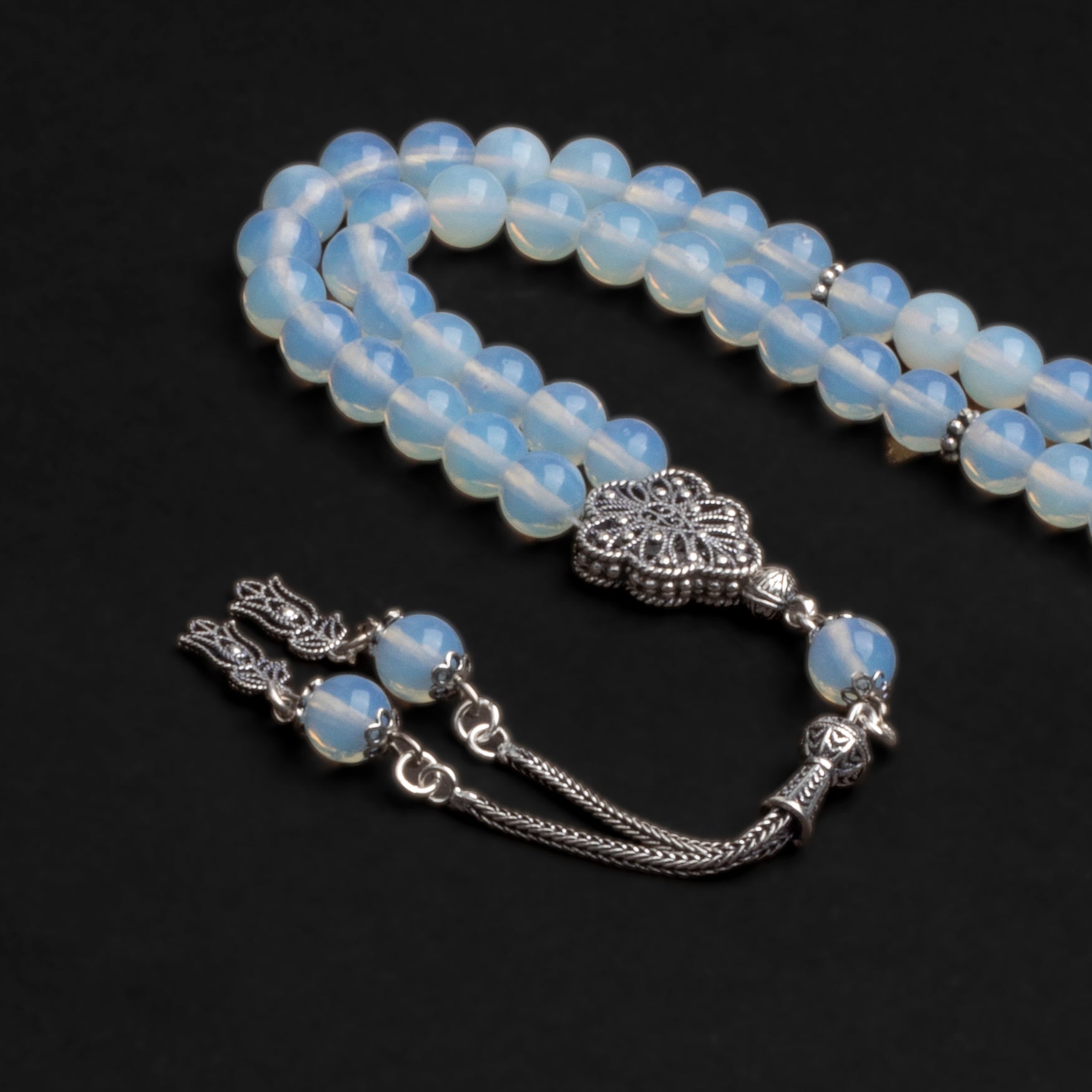 Opal Prayer Beads with Silver Tassel (8mm)