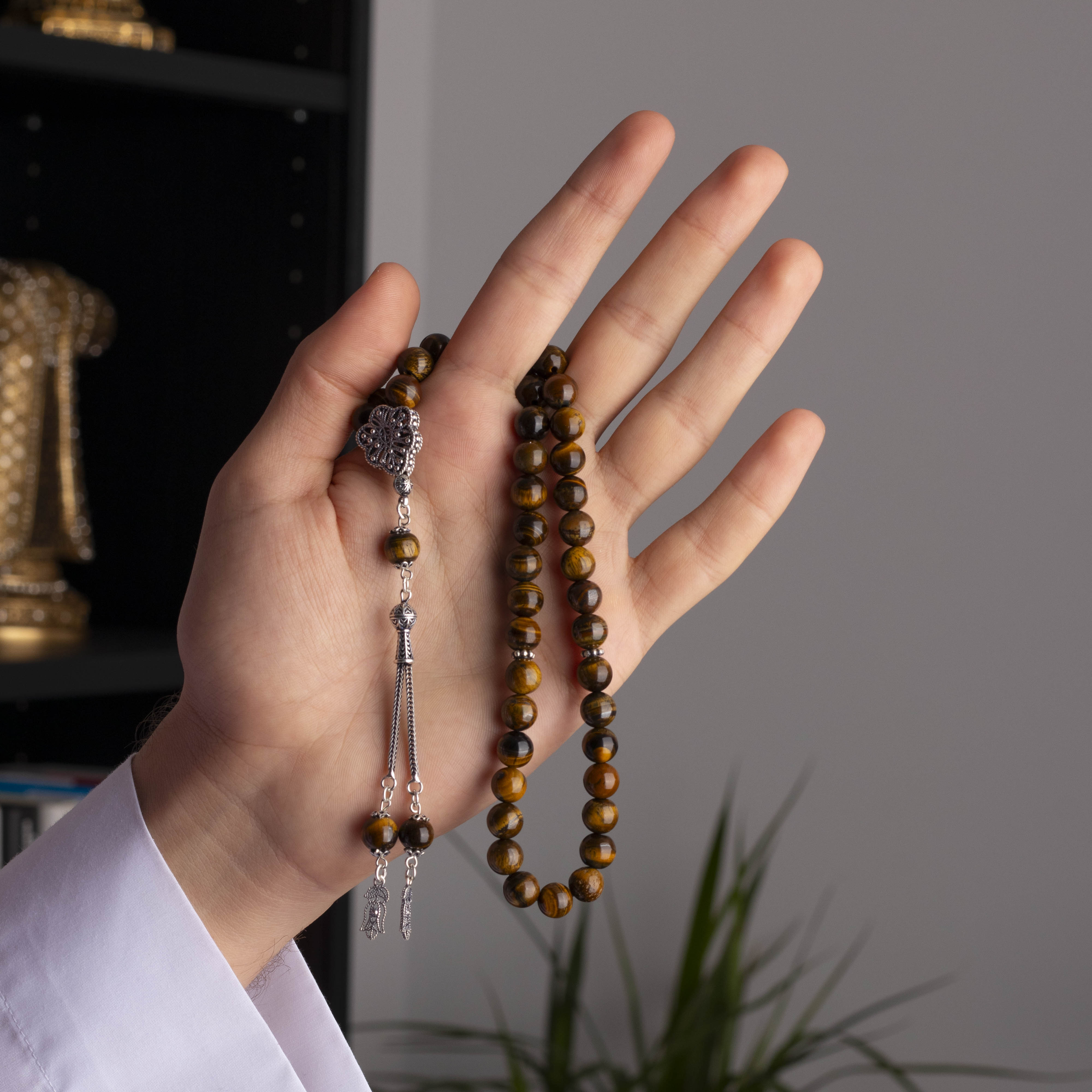 Tiger Eye Stone Prayer Beads with Silver Tassel (8 mm)
