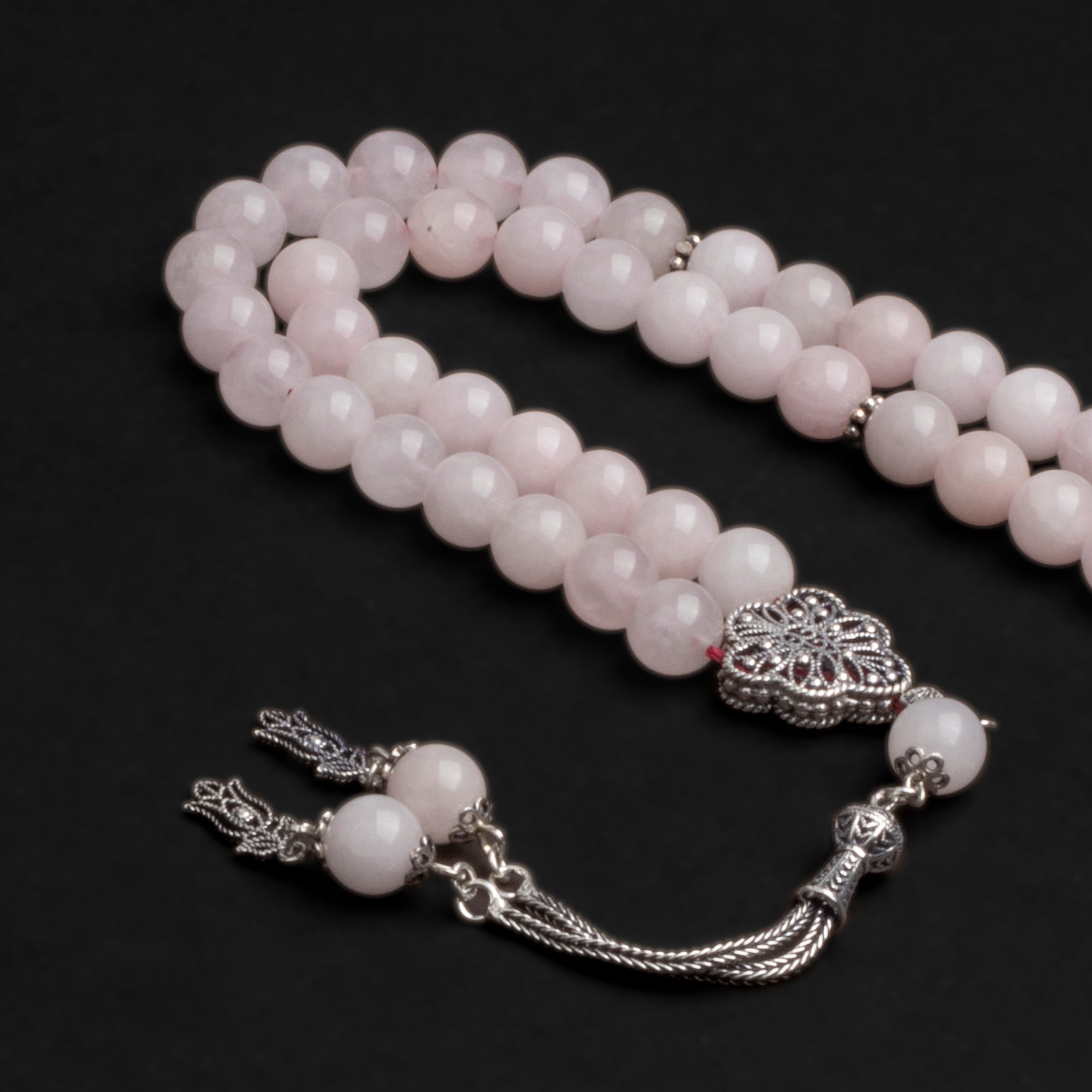 Light Pink Quartz Prayer Beads with Silver Tassel (8mm)