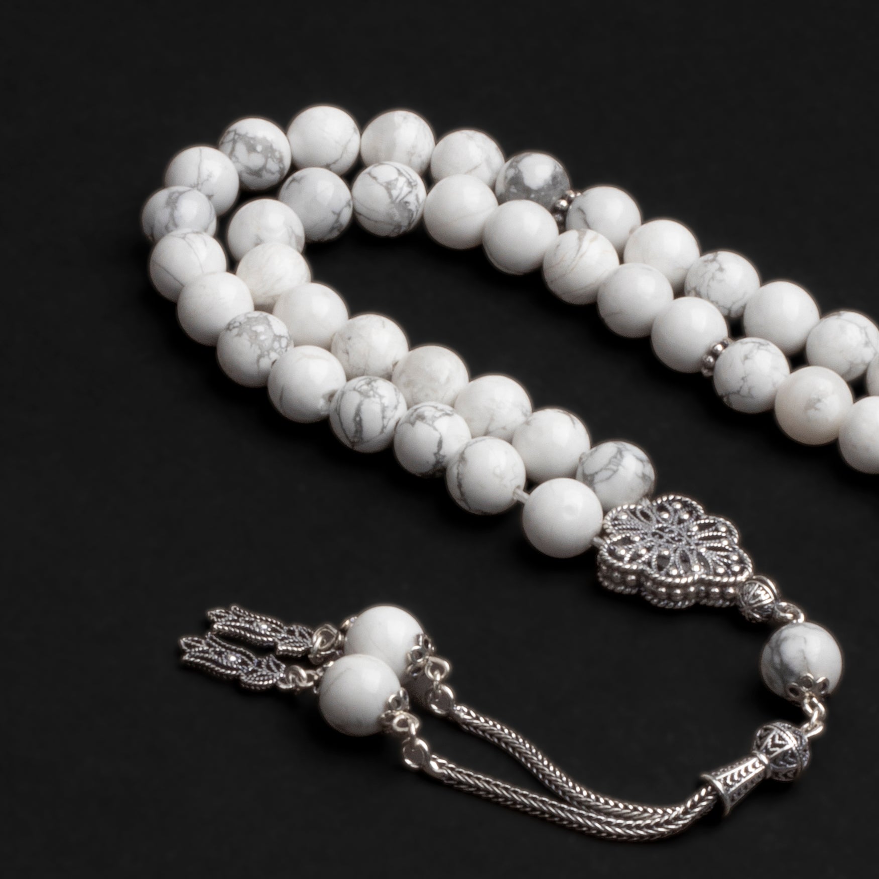 Howlite Stone Prayer Beads with Silver Tassel (8mm)