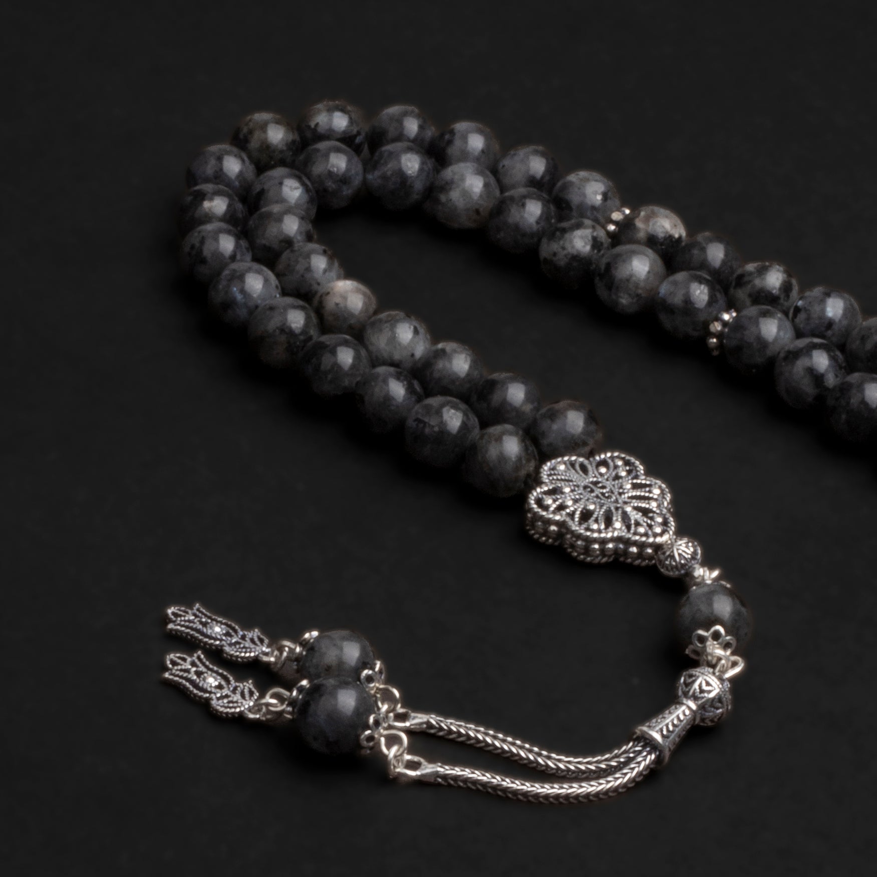 Lavrakite Stone Prayer Beads with Silver Tassel (8mm)