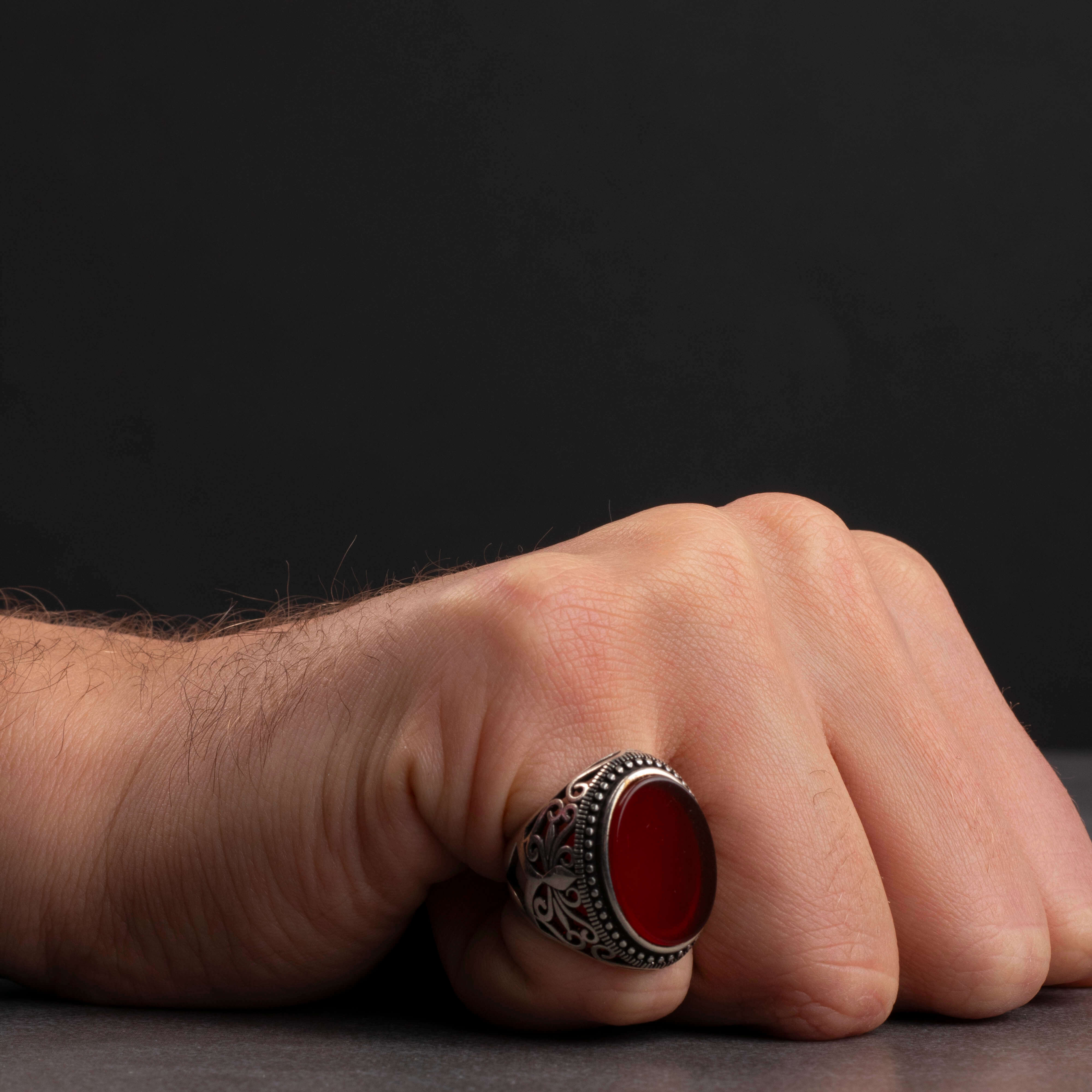 Sterling Silver Men's Ring with Red Agate Stone