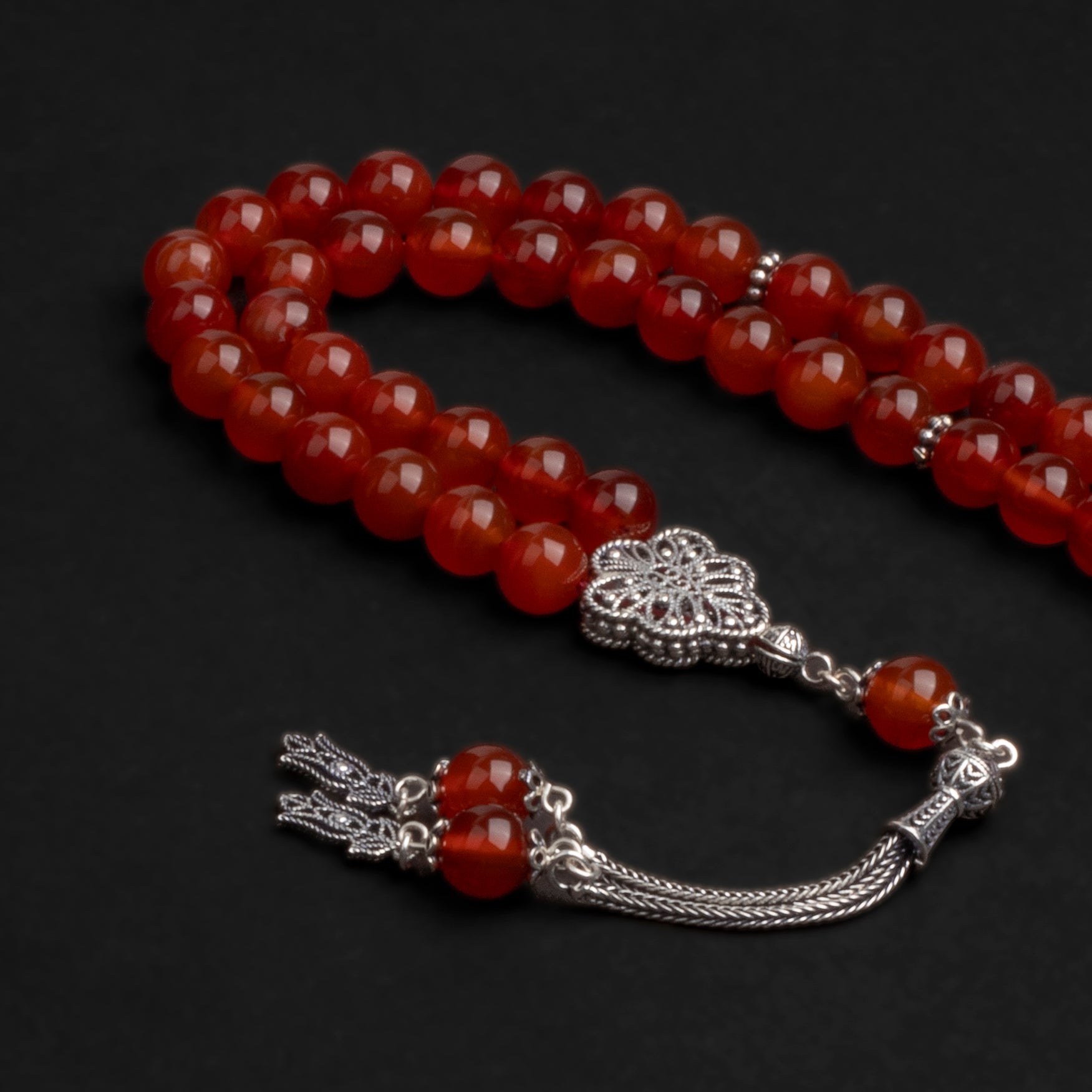 Red Agate Stone Prayer Beads with Silver Tassel (8mm)