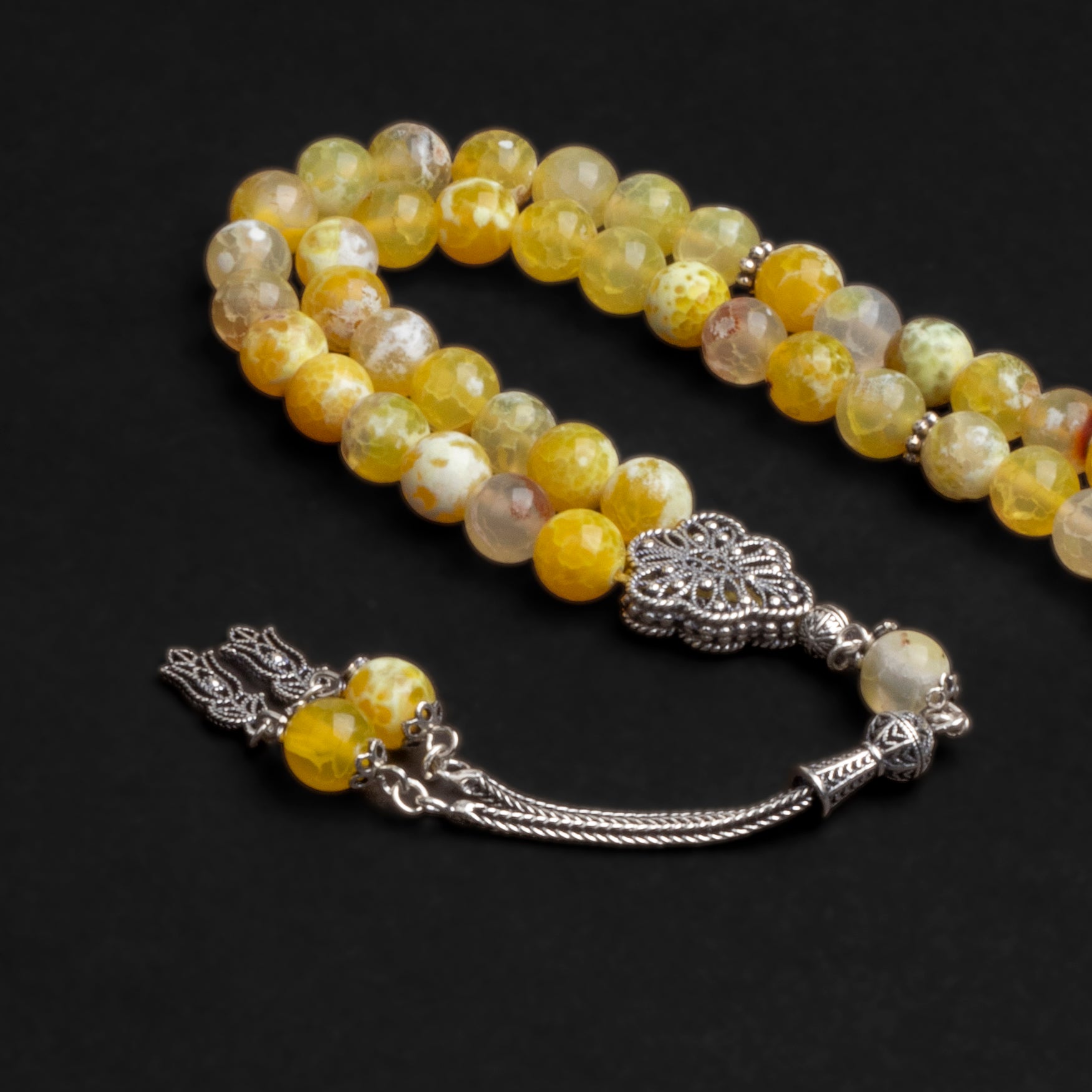 Yellow Agate Stone Prayer Beads with Silver Tassel (8mm)