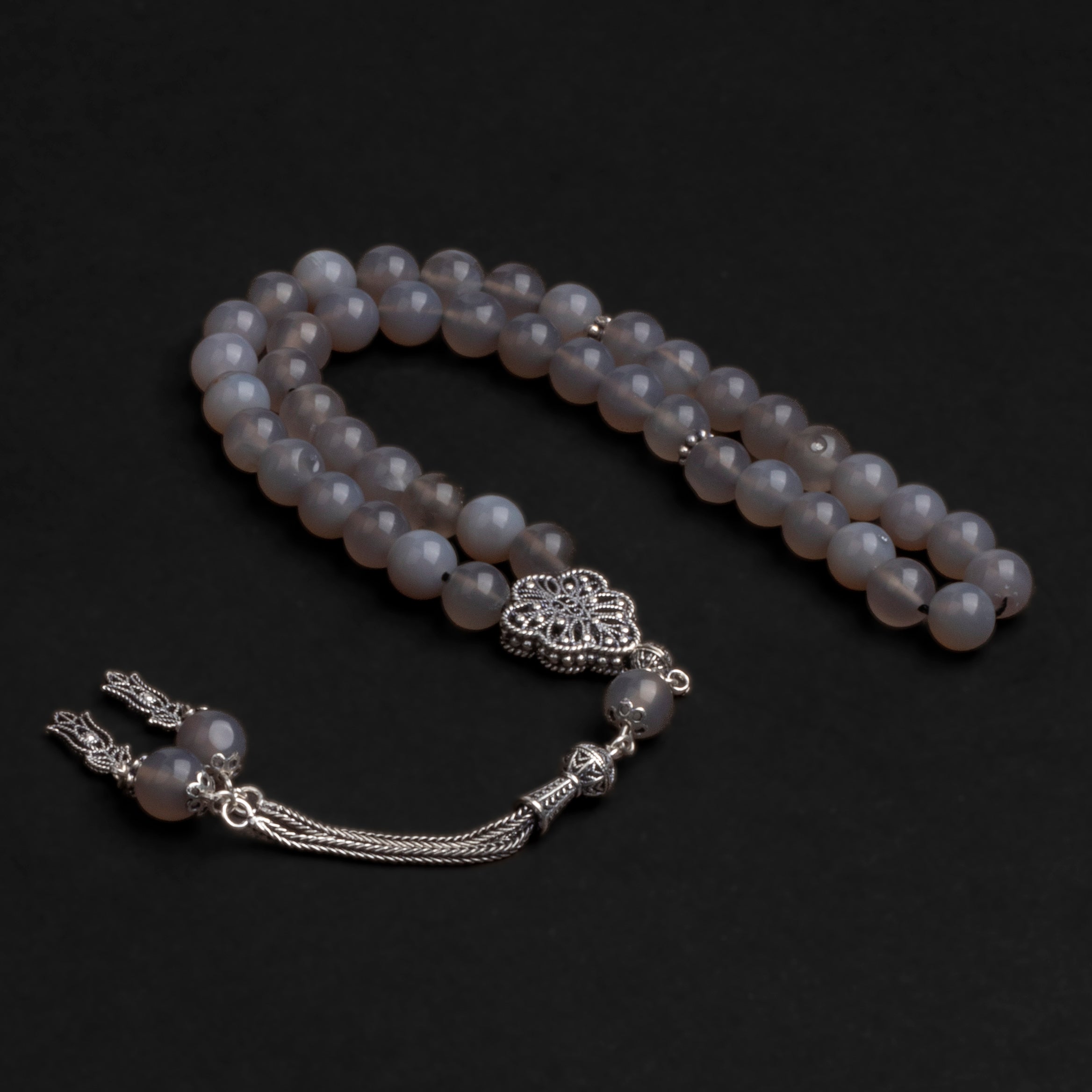 Gray Agate Prayer Beads with Silver Tassel (8mm)