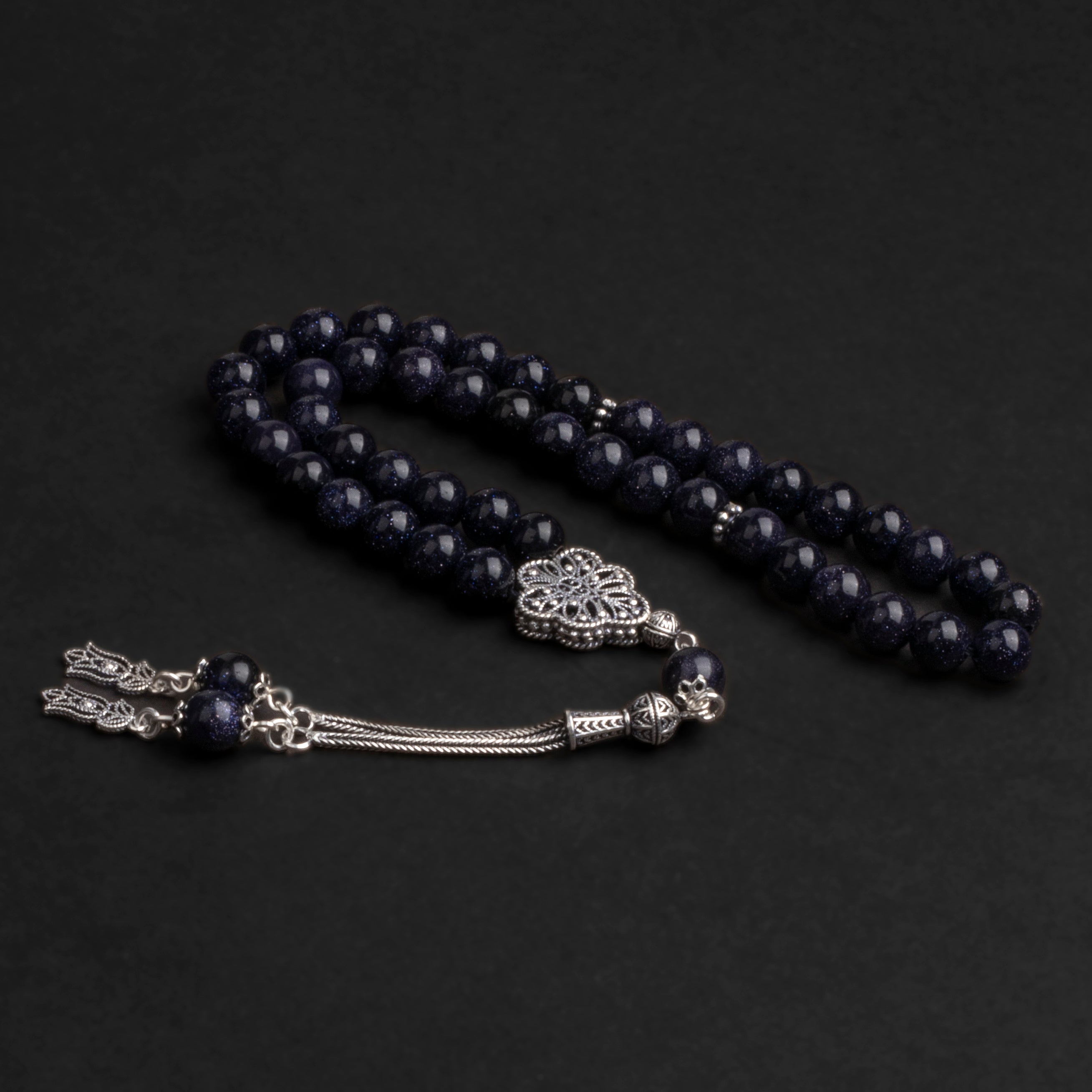 Starry Blue Prayer Beads with Silver Tassel (8mm)