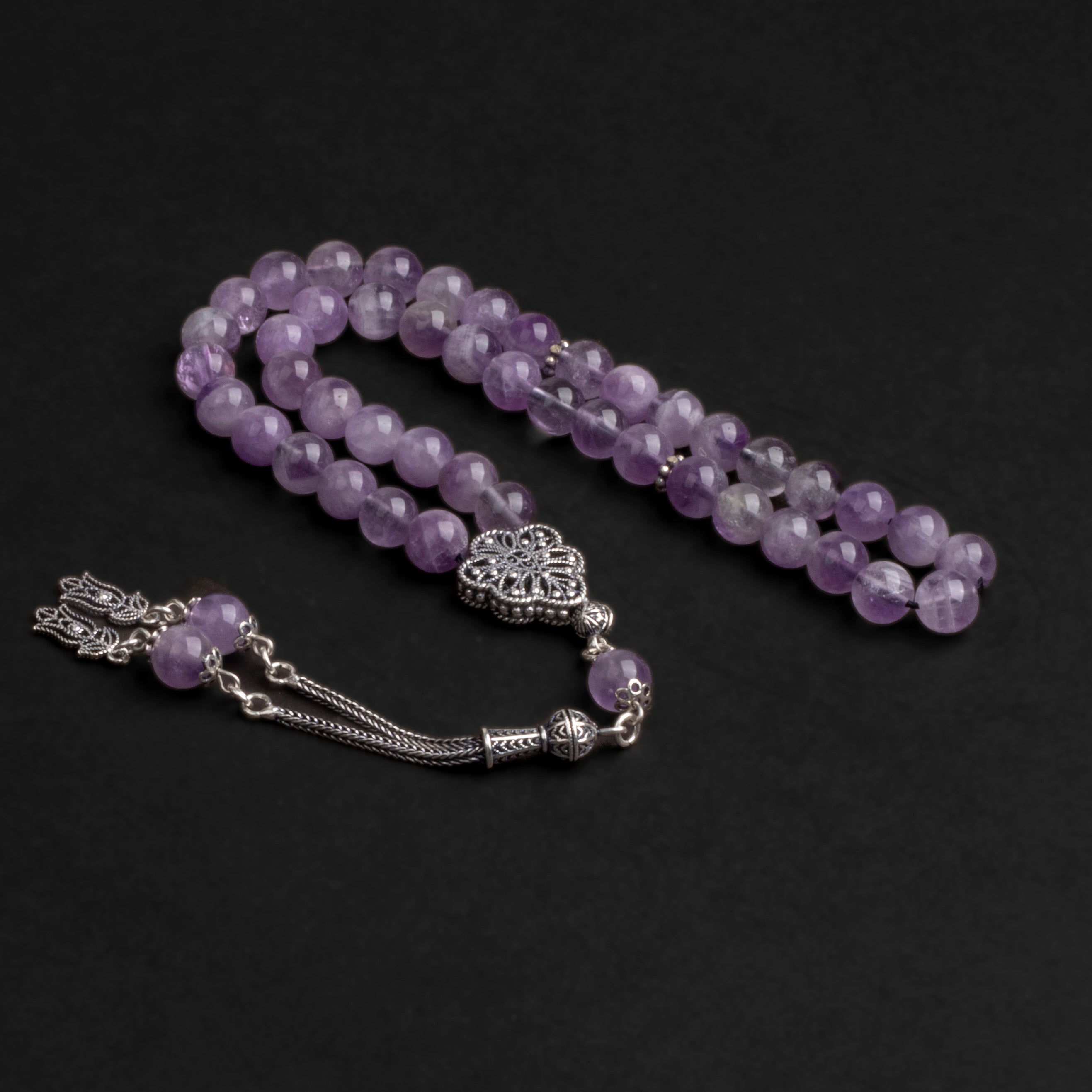 Purple Amethyst Prayer Beads with Silver Tassel (8mm)