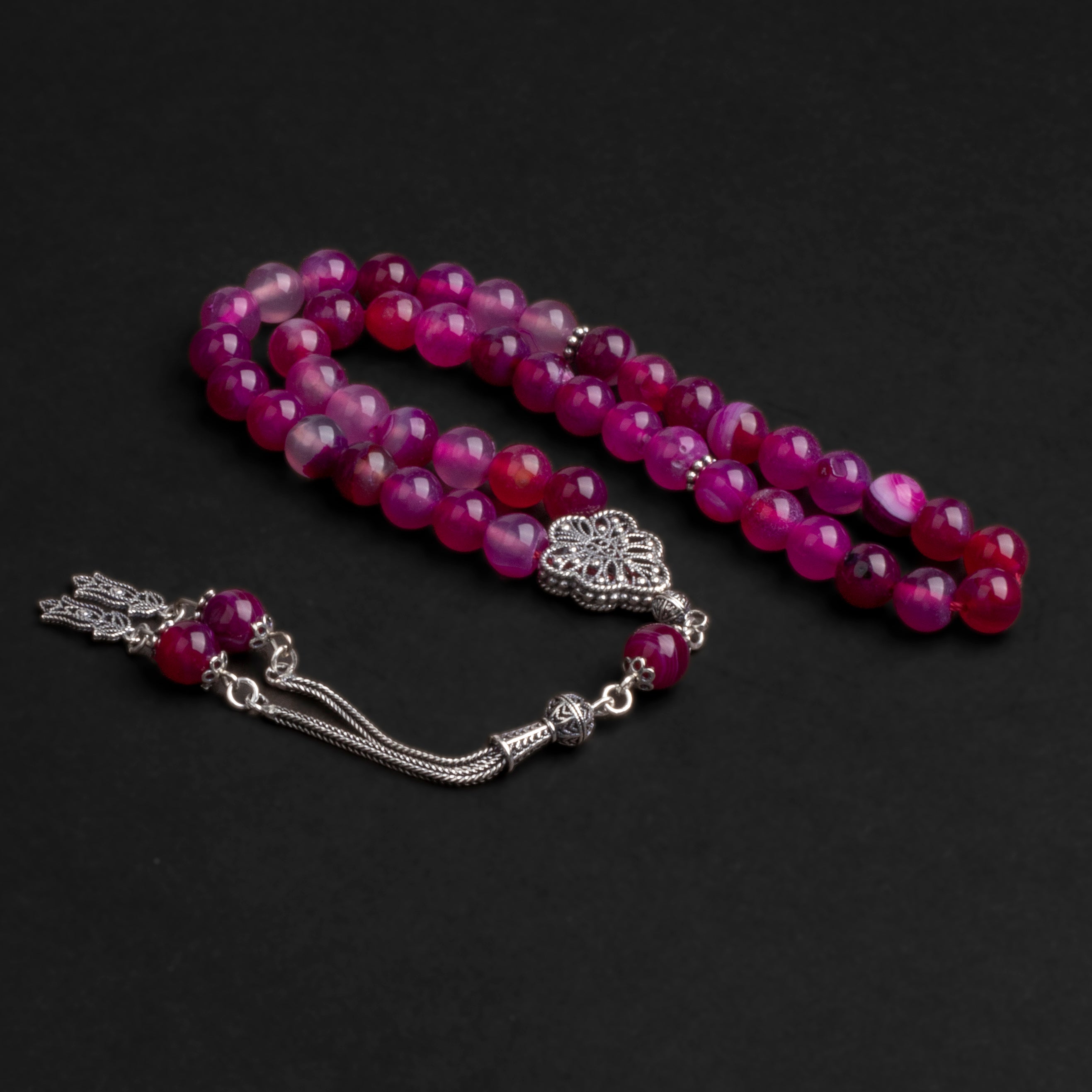 Pink Agate Prayer Beads with Silver Tassel (8mm)