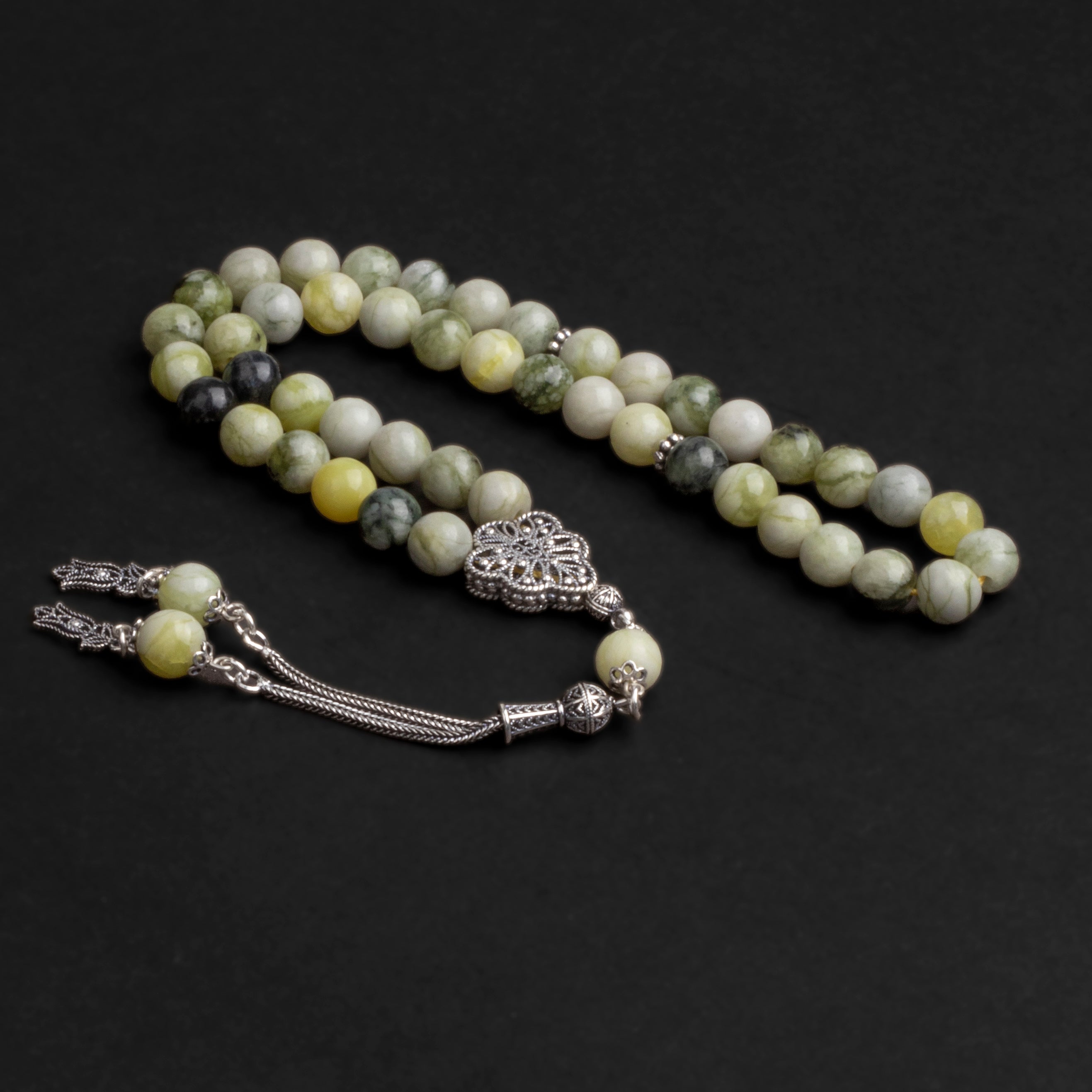 Peridot Green & Yellow Prayer Beads with Silver Tassel (8mm)